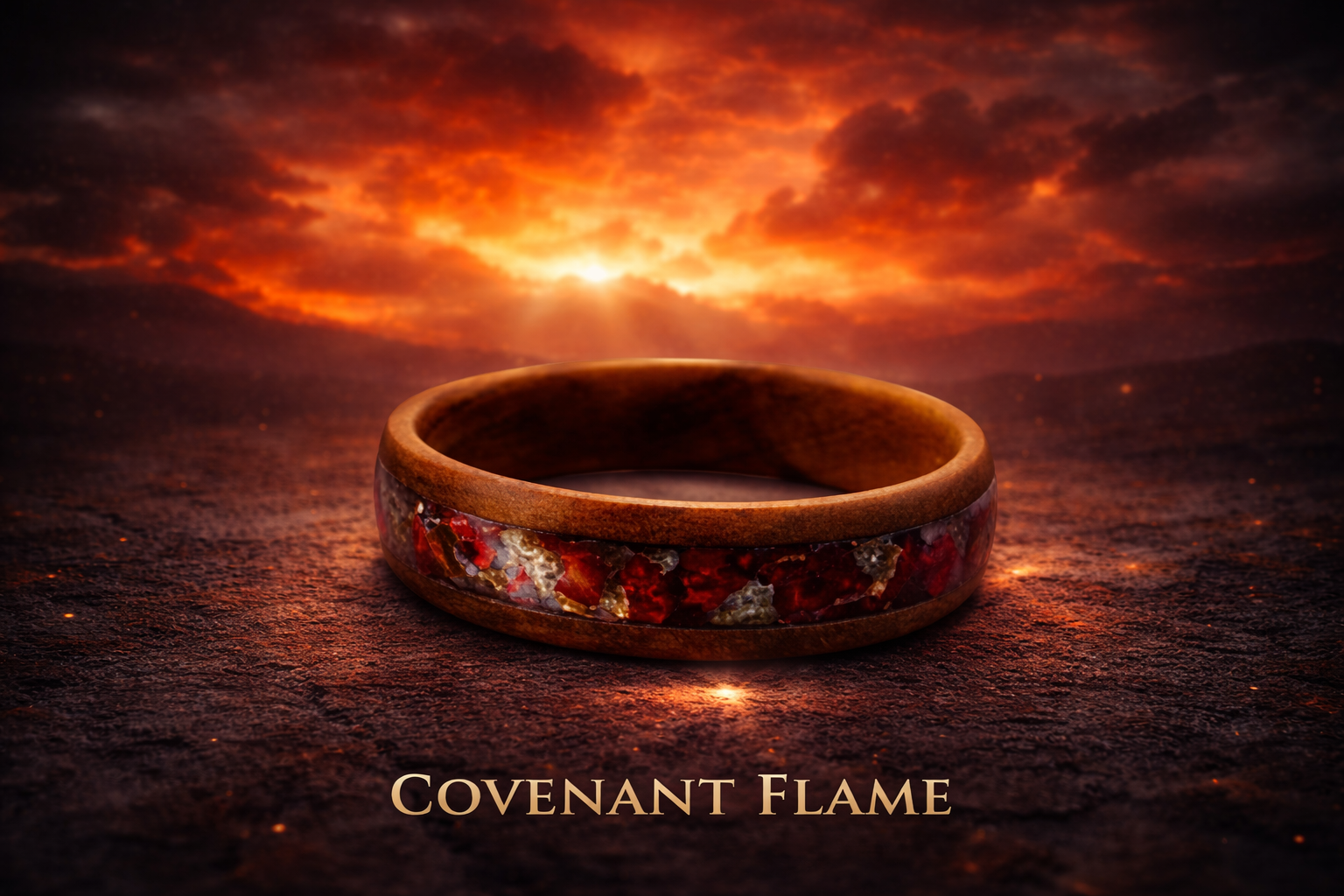 A wooden ring with red and gray inlays resting on a textured surface, with a fiery sunset sky and clouds in the background. The words "Covenant Flame" are written at the bottom.