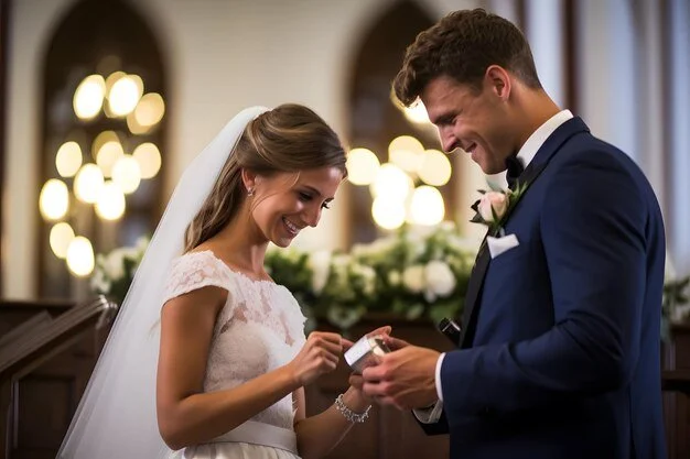 A bride and groom exchanging wedding rings inside a church with blurred lights in the background.