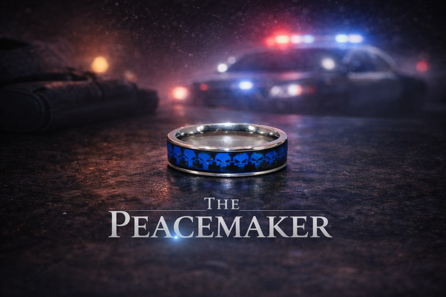 A metallic ring with blue skull pattern in the foreground, police car with flashing lights and a gun in the background, on a dark wet street, with the text 'The Peacemaker' overlayed.