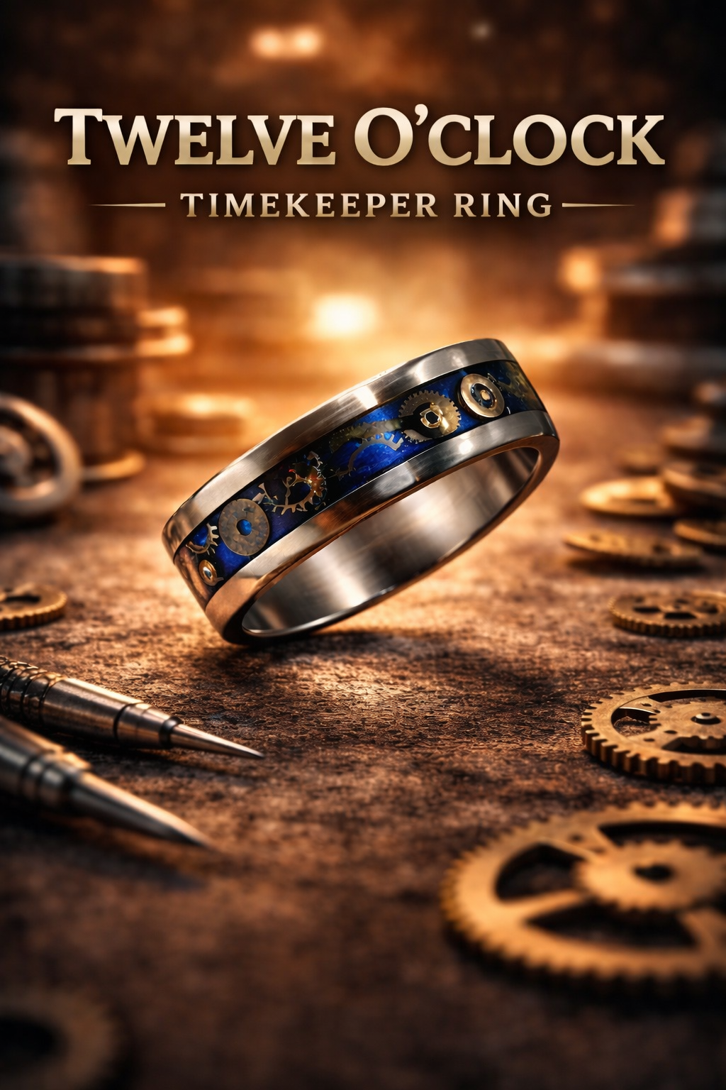 A steampunk-style ring with gears and cogs, placed on a rusted metallic surface surrounded by small gears and tools, with the text 'Twelve O'Clock Timekeeper Ring' above.