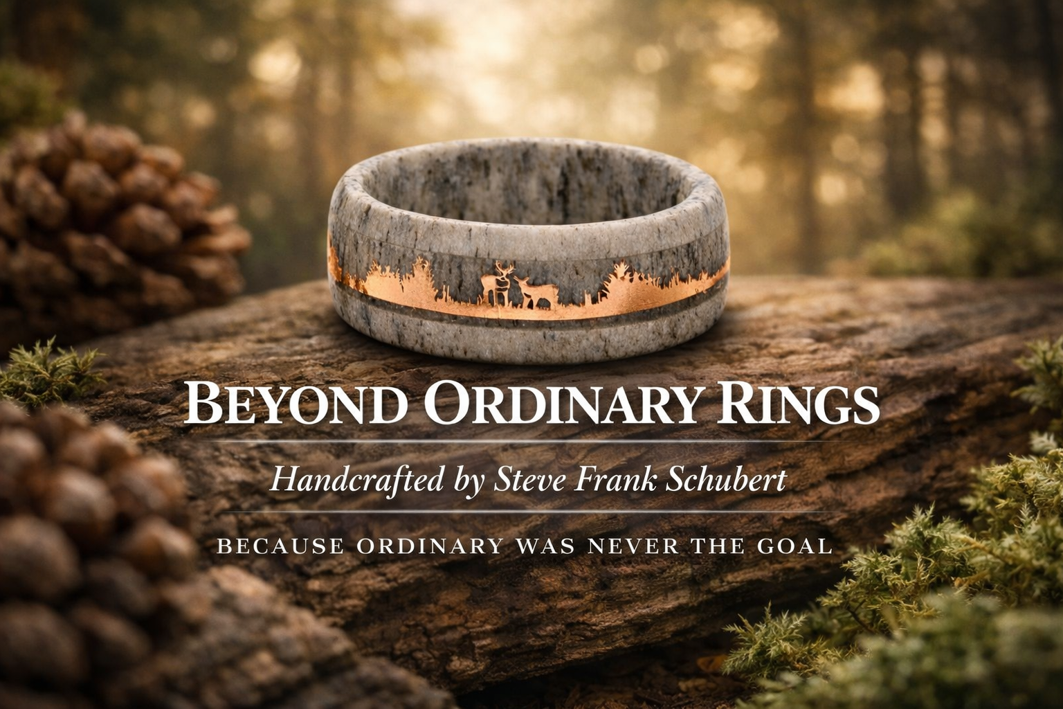 A handcrafted ring with a forest scene and deer silhouette, placed on a log in a natural outdoor setting with pinecones and greenery, accompanied by text promoting Steve Frank Schubert's rings.