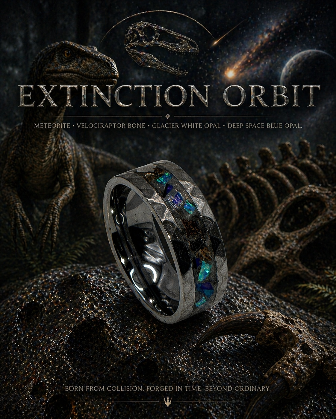 A science fiction-themed image featuring a dinosaur, dinosaur skulls, and space elements, with a futuristic ring-shaped device in the center, advertising a product called 'Extinction Orbit' with labels like meteorite, velociraptor bone, glacier white opal, and deep space blue opal.