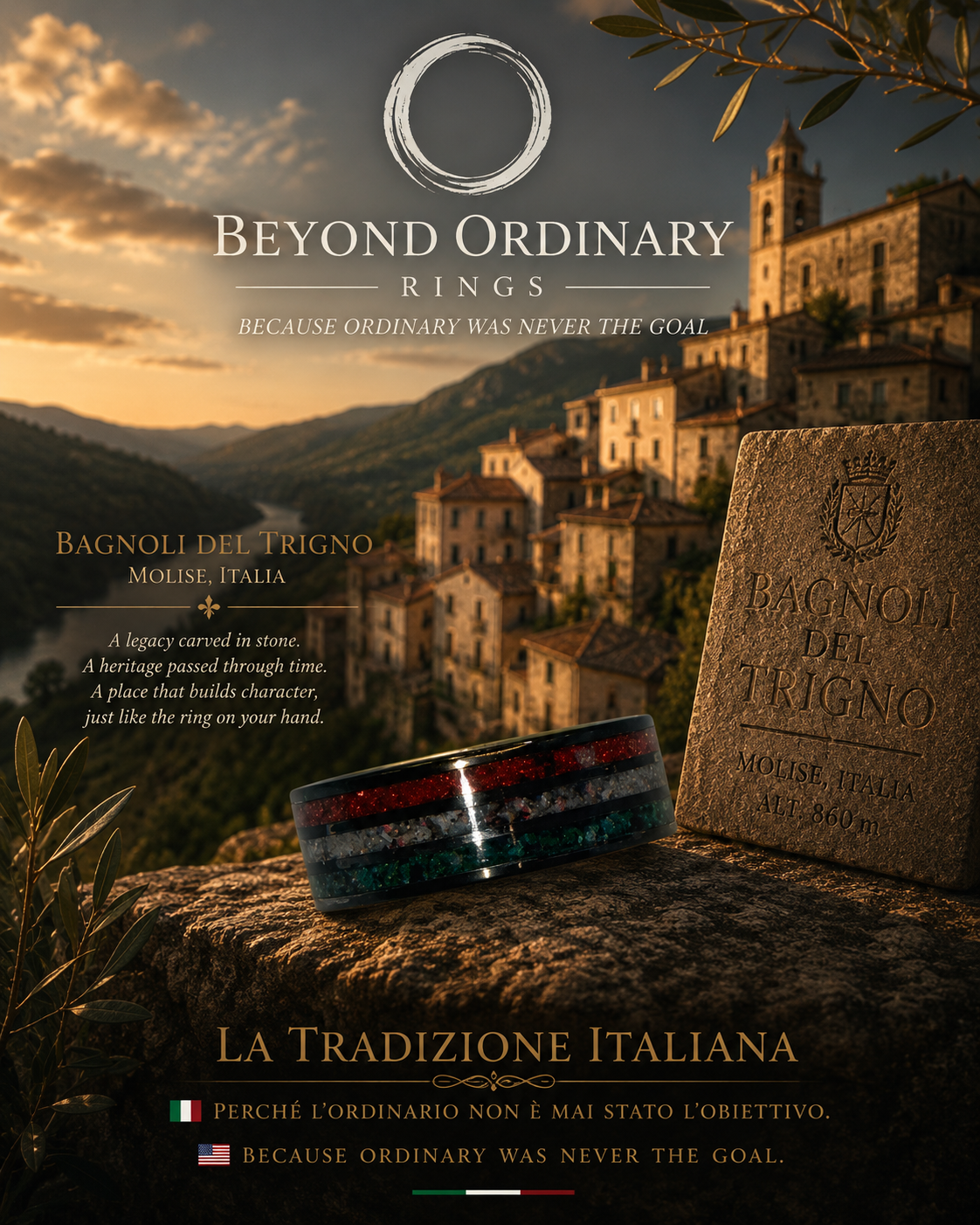 A promotional display for Beyond Ordinary Rings shows a scenic view of Bagnoli del Trigno in Molise, Italy, during sunset. The foreground features a carved stone with the inscription 'Bagnoli del Trigno, Molise, Italia, Alt. 860 m' and a colorful ring, with hills and historic buildings in the background.