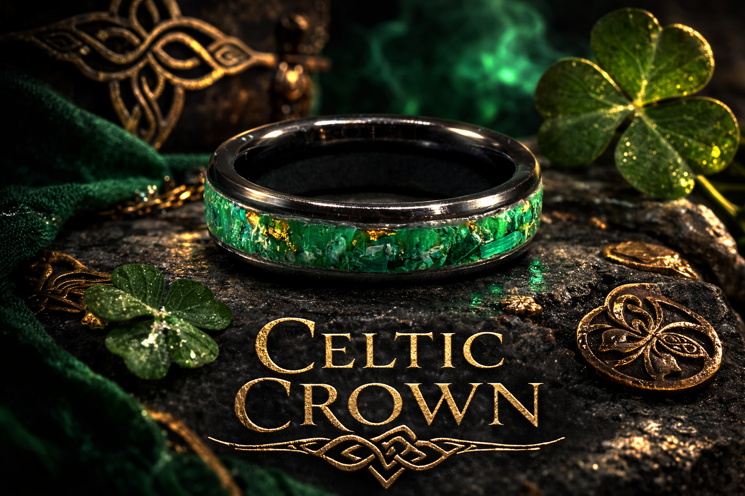 A Celtic-inspired ring with green marbled inlay, surrounded by four-leaf clovers, gold Celtic knots, green velvet fabric, and the words 'Celtic Crown' on a dark textured surface.