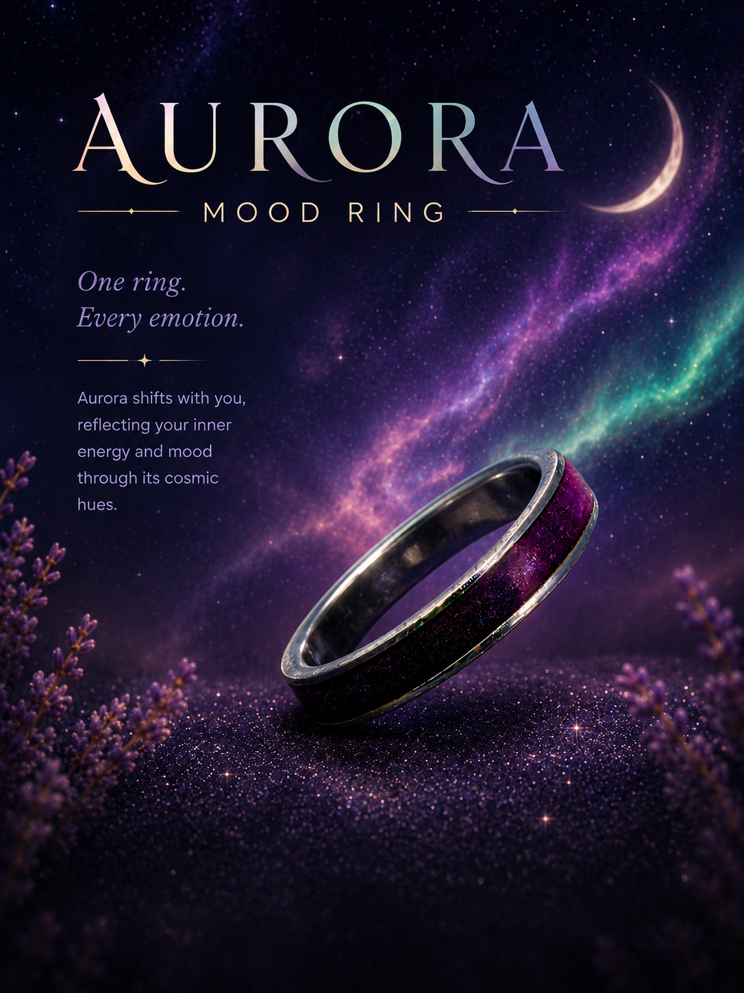 A promotional poster for the Aurora Mood Ring featuring a ring with a cosmic design against a starry galaxy background with purple flowers in the foreground.