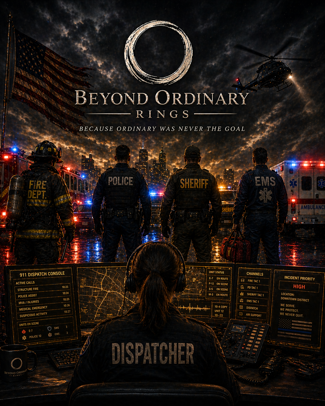 A group of emergency responders, including fire department, police, sheriff, and EMS personnel, stand in front of a city skyline at night, with an American flag, rescue helicopter, and emergency vehicles visible. A dispatcher woman with headphones sits at a control center with multiple screens showing maps, calls, and incident info, with the title 'Beyond Ordinary Rings' and the tagline 'Because ordinary was never the goal'.