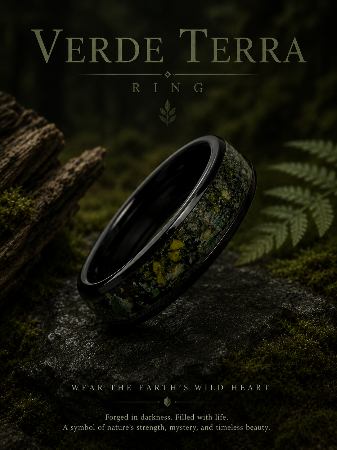 A dark-colored ring with a textured, green mosaic design set against a forest floor with moss, a fern, and a piece of wood in the background. Text overlays read "Verde Terra Ring," "Wear the earth's wild heart," and a description about nature and craftsmanship.