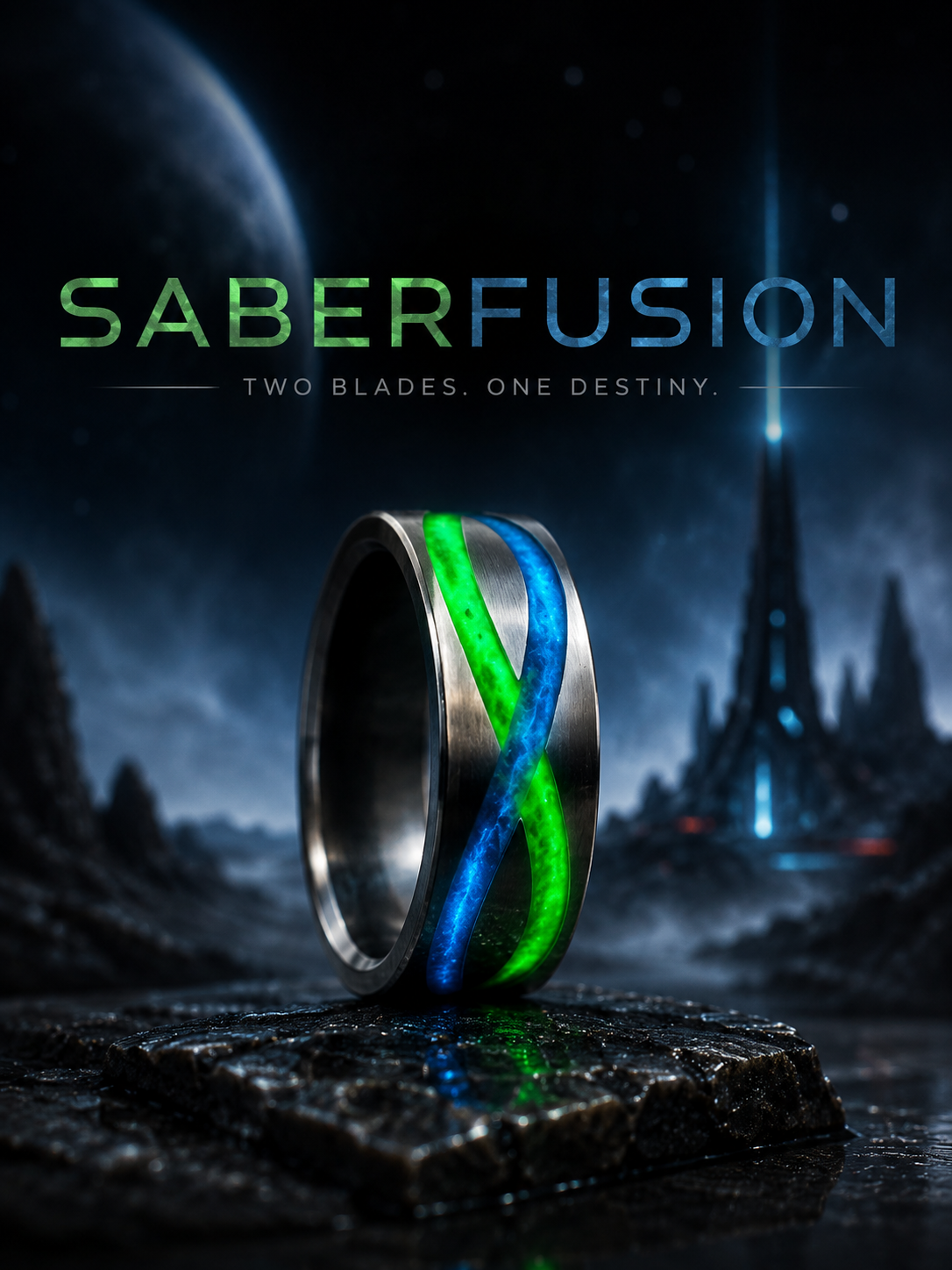 Futuristic promotional image for the movie "SaberFusion", showing a metallic ring with glowing green and blue blades intertwined, set against a dark, sci-fi landscape with a distant city and a planet in the sky, and the tagline "Two Blades. One Destiny."
