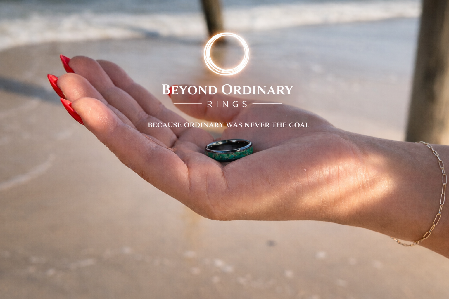 A hand with red nails holding a ring, with the background of a beach and ocean. Overlaid text reads "Beyond Ordinary Rings" and "Because Ordinary Was Never The Goal".