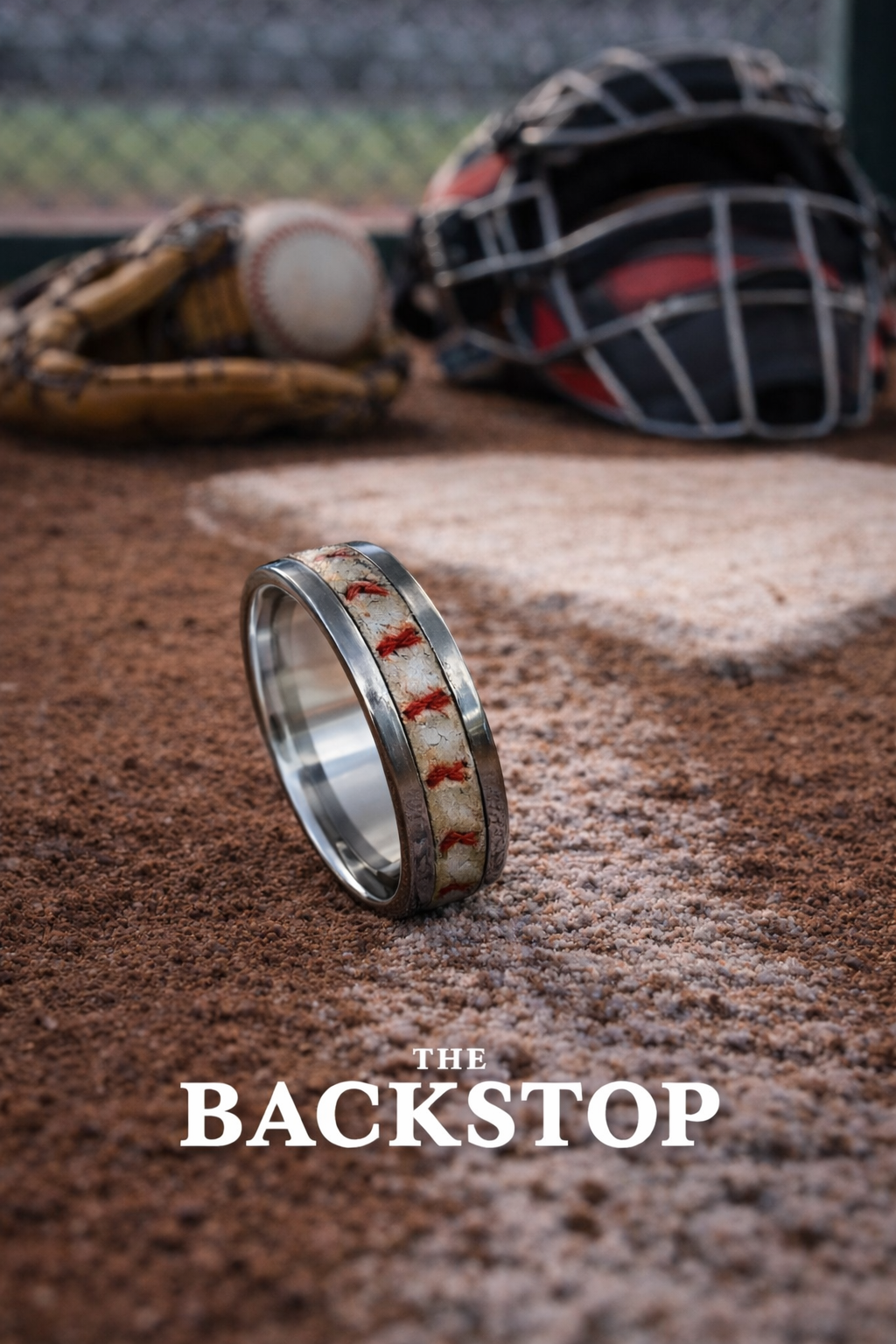 A baseball glove, baseball, and a baseball catcher's helmet on a baseball field, with a ring in the foreground and the words 'The Backstop' at the bottom.