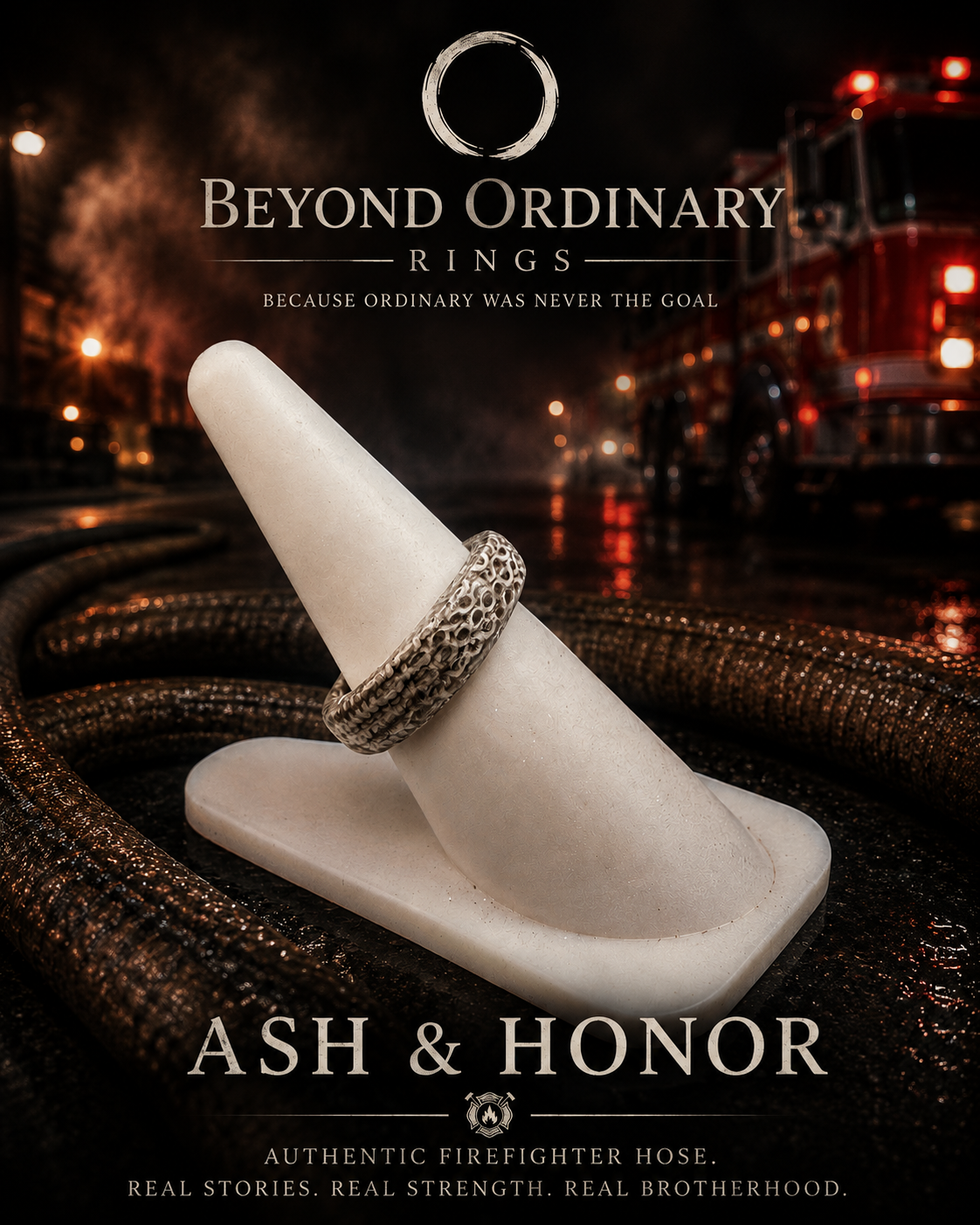 A fireman's helmet with a ring around its base, placed on fire hoses, with a fire truck in the background and smoke in the night sky. The image promotes Beyond Ordinary Rings, emphasizing authentic firefighter bracelets with themes of strength and brotherhood.