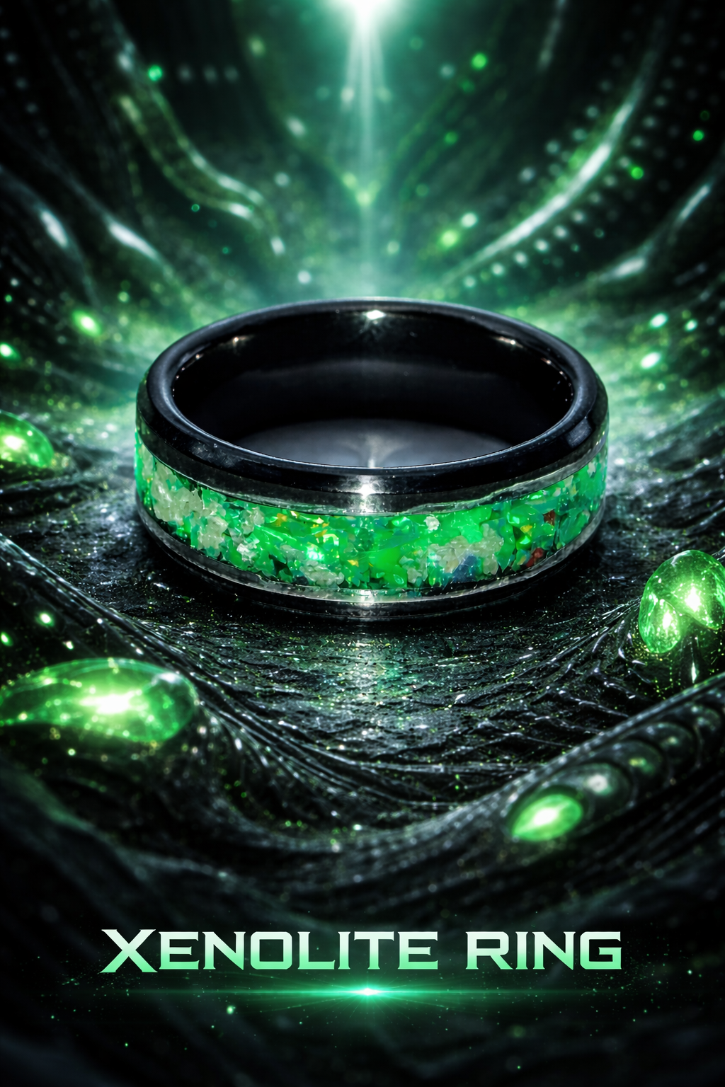 A black ring with green and iridescent specks, labeled as a "Xenolite Ring," is placed on a dark, textured surface with glowing green and black elements around it, emitting a futuristic or sci-fi vibe.