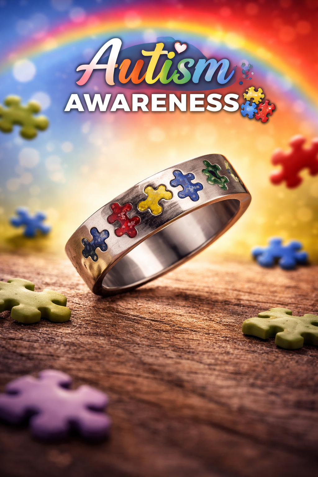 A metal ring with colorful puzzle piece designs on a wooden surface, surrounded by scattered colorful puzzle pieces, with a rainbow in the background and the text "Autism Awareness" at the top.