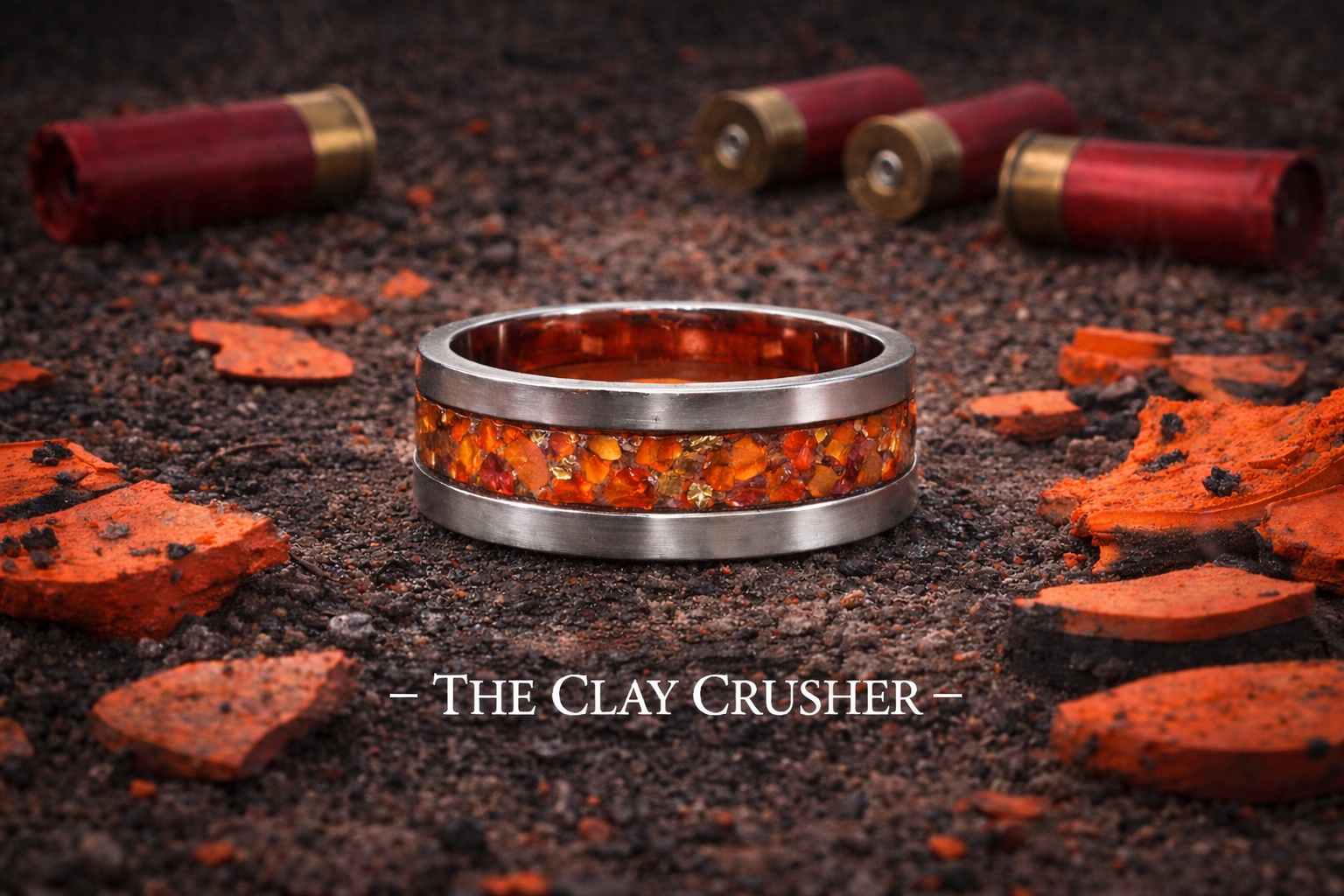 A ring with orange and gold fragments inside a metal band, labeled "The Clay Crusher," on a ground surface with scattered pieces of clay, with shotgun shells in the background.