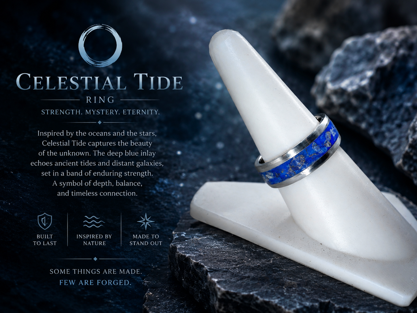 A ring inspired by the ocean and stars, named Celestial Tide, displayed on a white stand with a deep blue inlay.