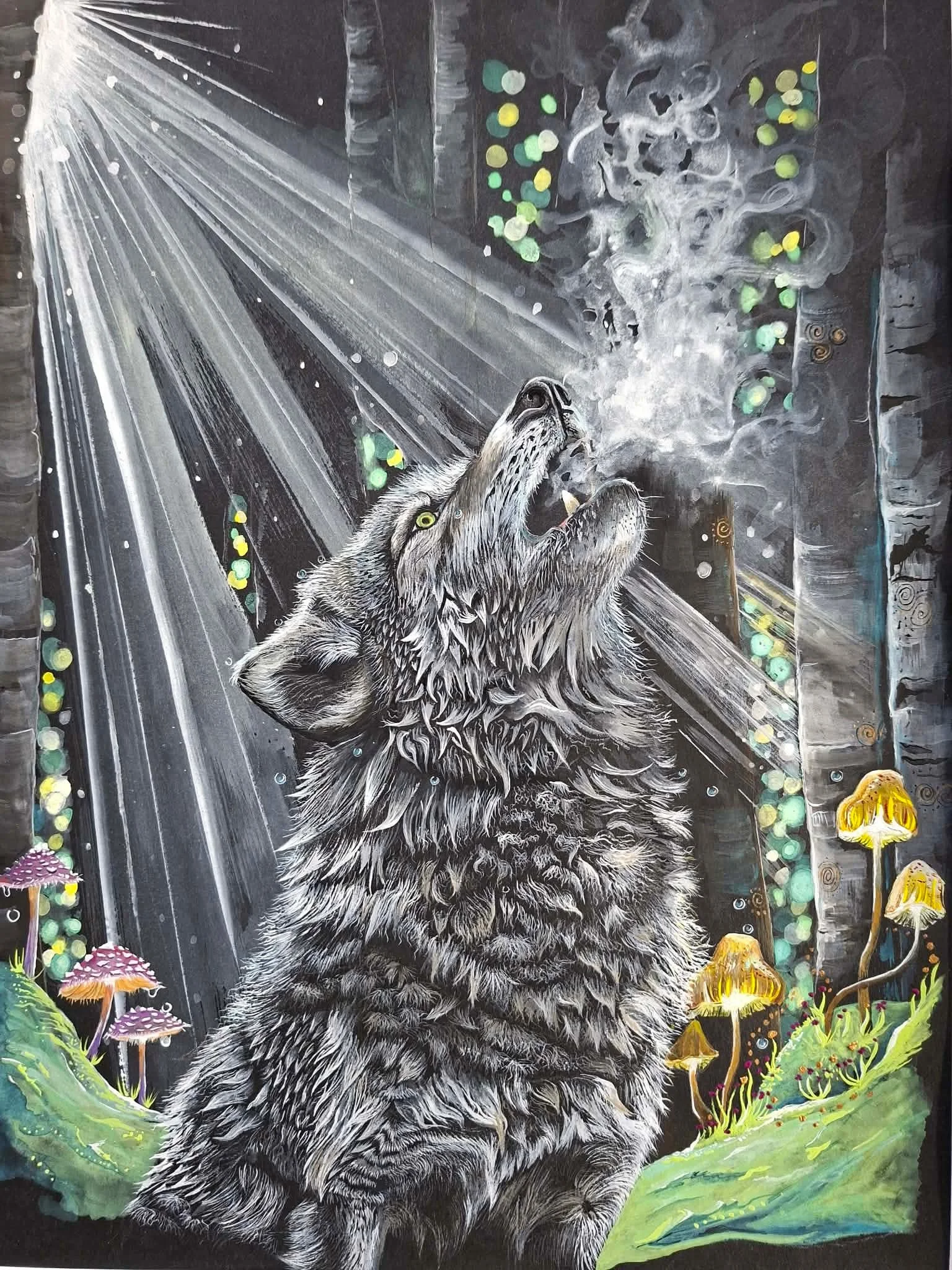"Glaoch" - The Call
€690 Original A3 Available Soon | A3 Gouache 
(15 limited Edition Prints to be released and no more.)

A wolf lifts her head in a quiet moment of instinct, breath rising into the light. The piece captures both strength and stillne