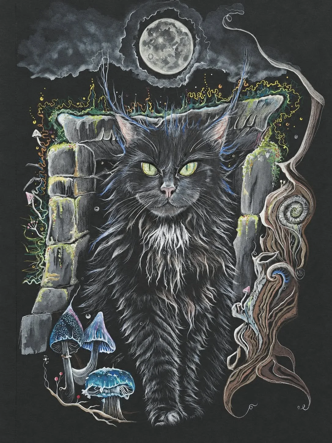 SOLD €880 | Cat Sidhe | Original Artwork |
A3 gouache watercolours, Ink and Wax coloured pencils on paper.
The Cat Sidhe guarding the portal to the Otherworld at Oweynagat, the Cave of the Cats, a place closely connected with the Morrígan in Irish my