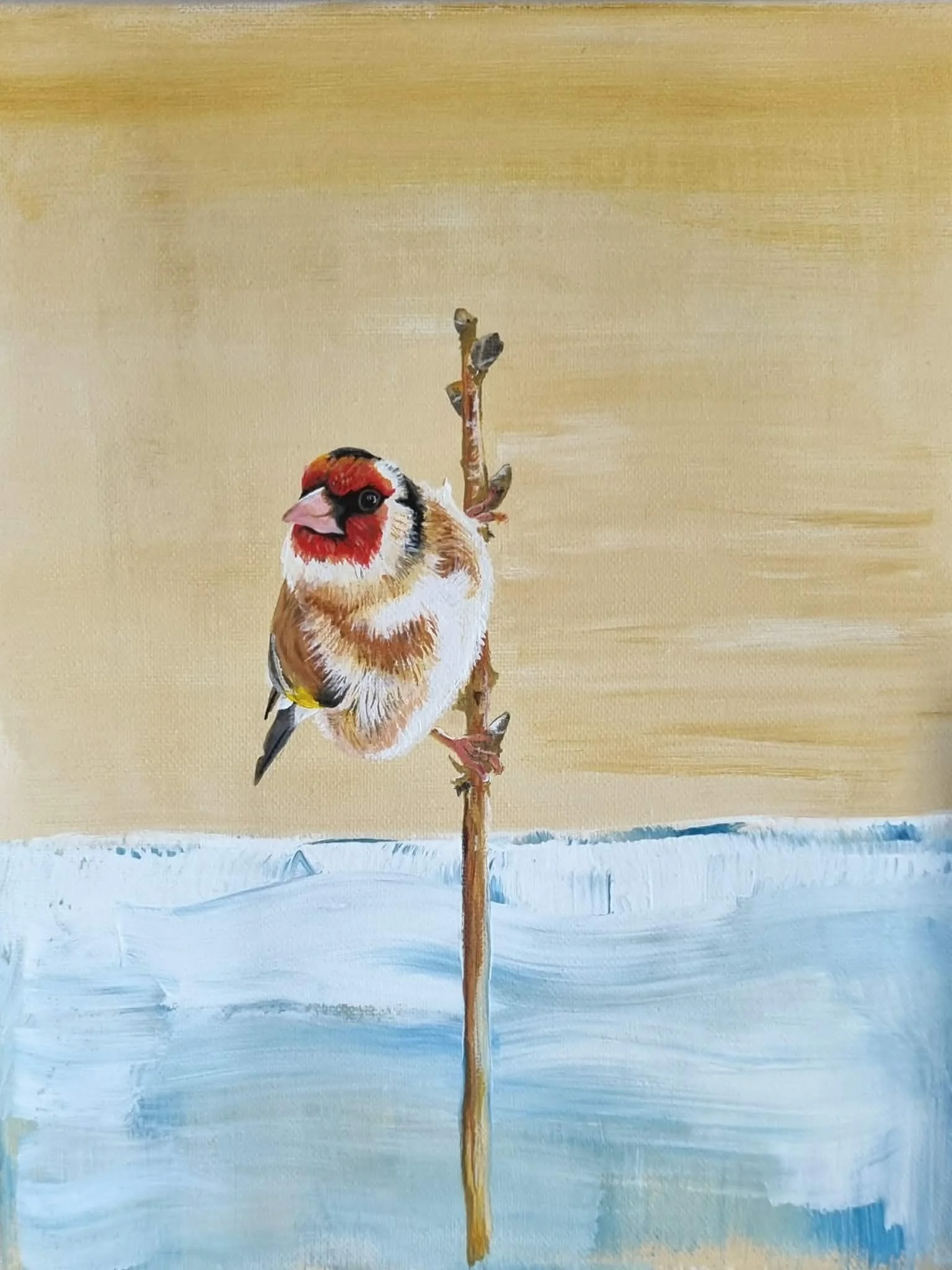New Available- €250

Goldfinch
Original Acrylic on canvas 30x25cm
No Prints made

A small moment of stillness in a vast winter landscape.

This original acrylic painting captures a delicate songbird perched quietly on a slender branch, its warm tones