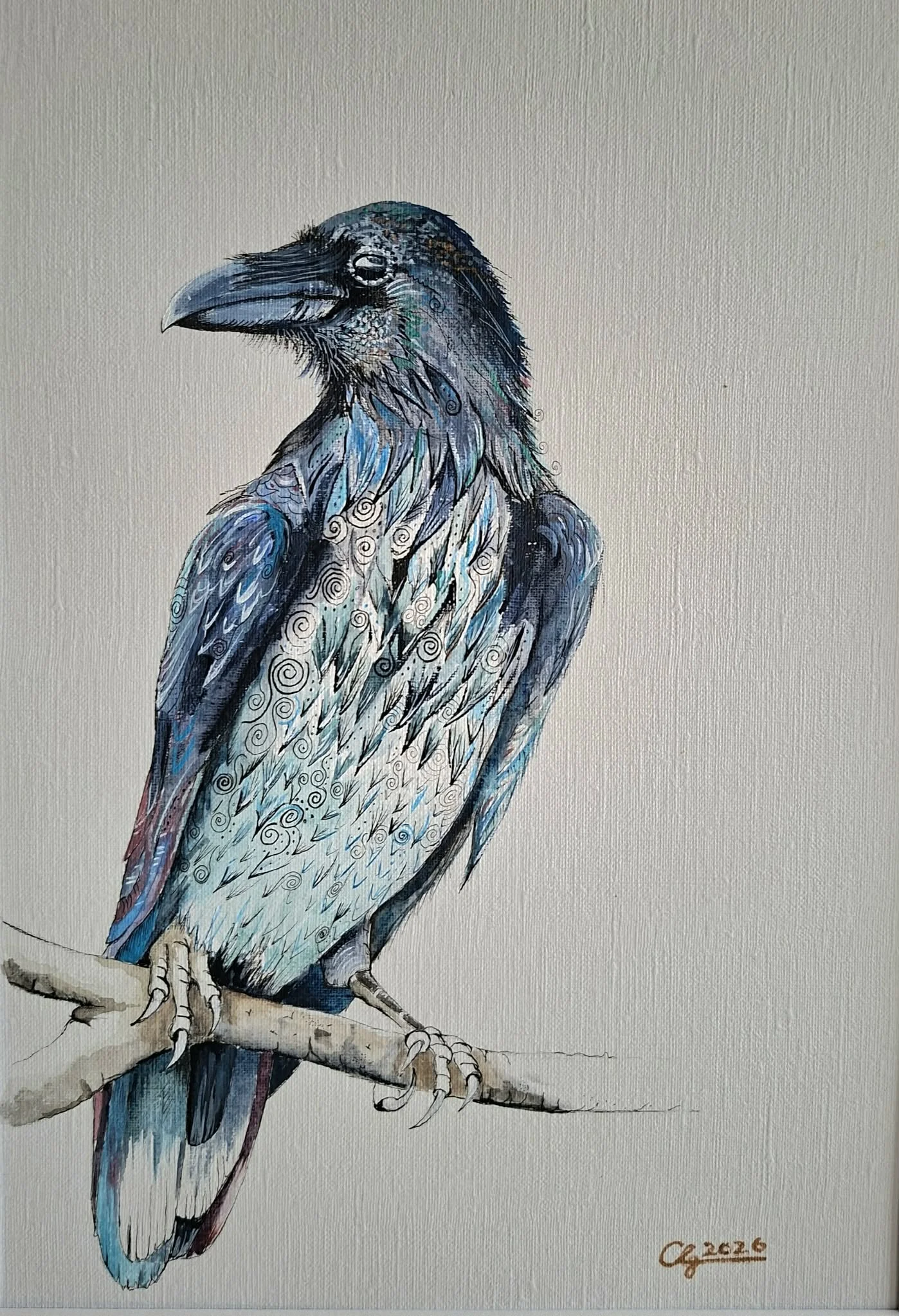 SOLD €250

“Fiach” 

A raven rests quietly on a branch, its form built through layered washes of colour and fine, detailed line work. Subtle blues, greys, and muted tones shift across the feathers, while delicate spiral markings add a sense of patter