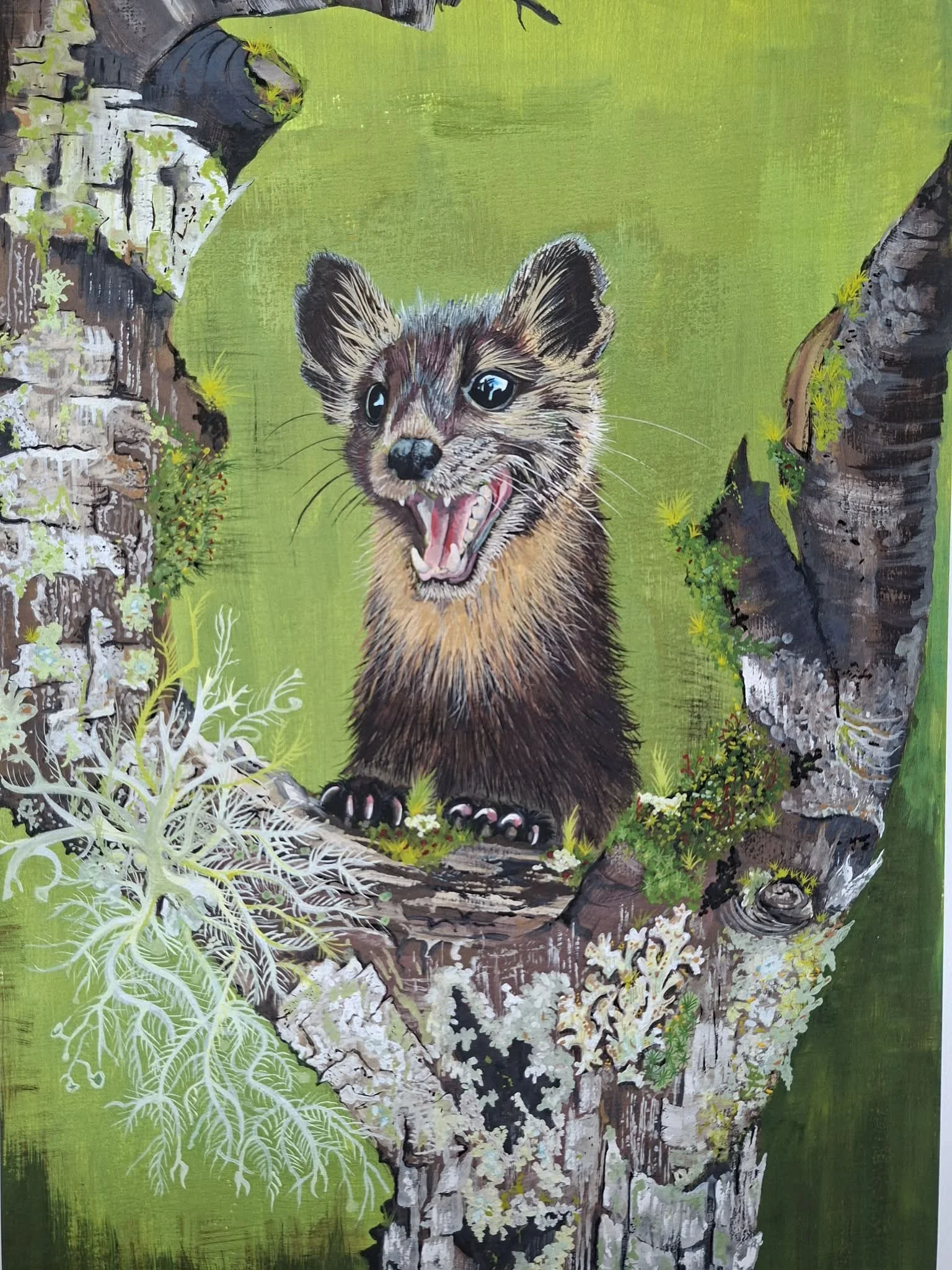 Among the Lichen

This original A3 gouache painting captures the lively, curious nature of the pine marten, nestled within a woodland setting rich in texture and detail. The piece focuses on expression and personality, bright-eyed, alert, and full of