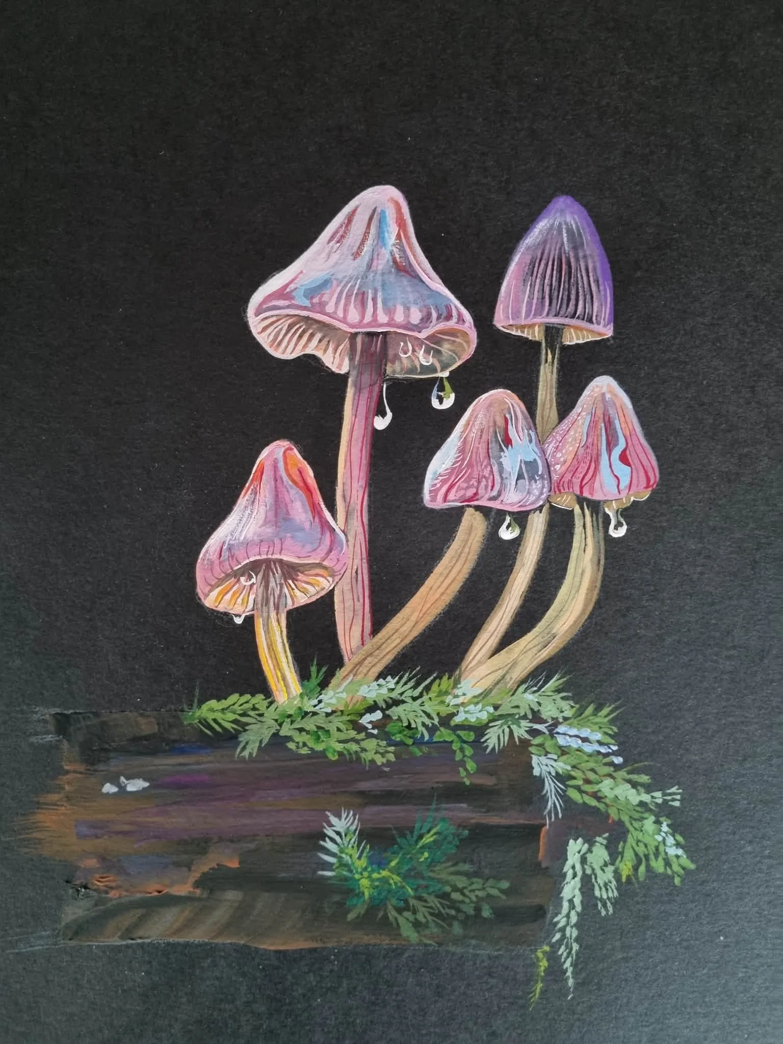 SOLD €250
Forest Glow

An original A4 gouache painting exploring the quiet magic of the forest floor. A cluster of luminous mushrooms emerges from a bed of moss and fallen wood, their soft pinks, violets, and warm ochres glowing against a deep, dark 