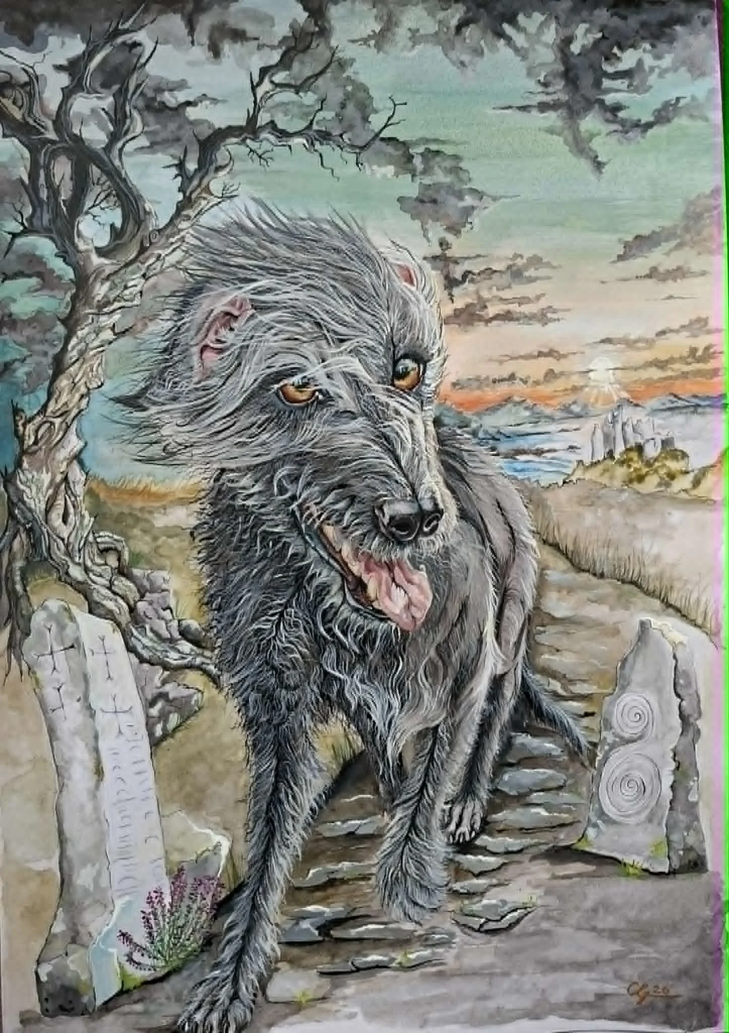 The Last Language
A3 | Watercolour, Gouache, Ink and Fine Point Pen

The Last Language explores the enduring relationship between heritage, landscape, and identity. Inspired by the ancient Ogham stone on Inchagoill Island, the piece brings together e