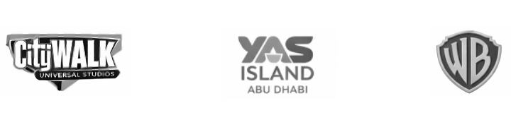 Logos of CityWalk Universal Studios, Yas Island Abu Dhabi, and Warner Bros.