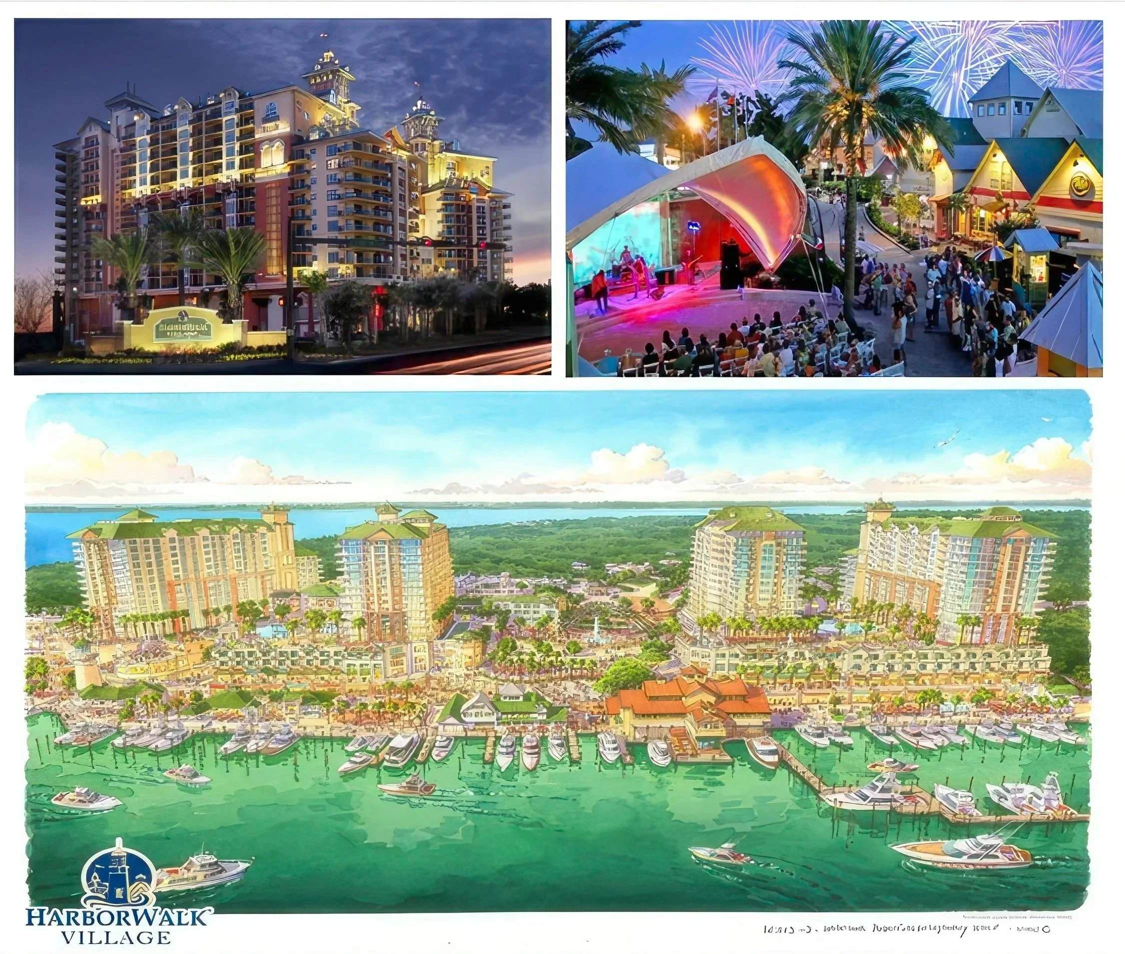 A collage showing a large resort building at dusk in the top left, an outdoor event stage with people attending and fireworks in the top right, and an illustrated aerial view of the Harborwalk Village marina with boats and buildings in the bottom image.