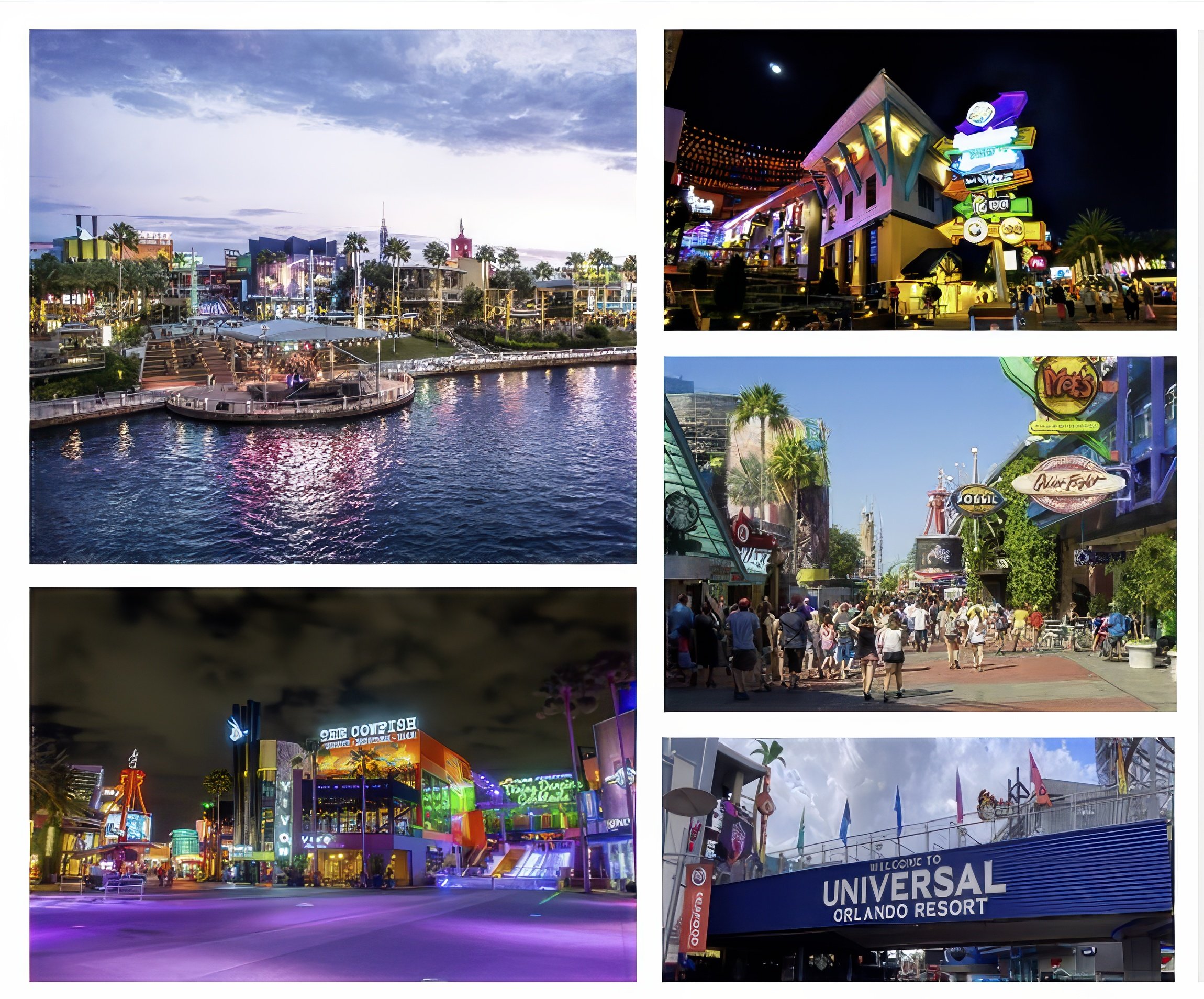 Multiple images of Universal Orlando Resort showing the waterfront, colorful buildings with neon signs, crowded walkways, and the entrance sign to the resort.