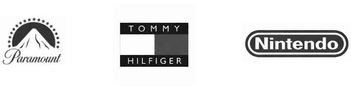 Logos of Paramount, Tommy Hilfiger, and Nintendo arranged in a row.