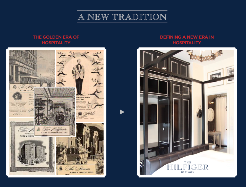 Comparison of hospitality eras with vintage hotel advertisements on the left labeled 'The Golden Era of Hospitality' and a modern bedroom interior on the right labeled 'Defining a New Era in Hospitality,' featuring black and white furnishings and decor.