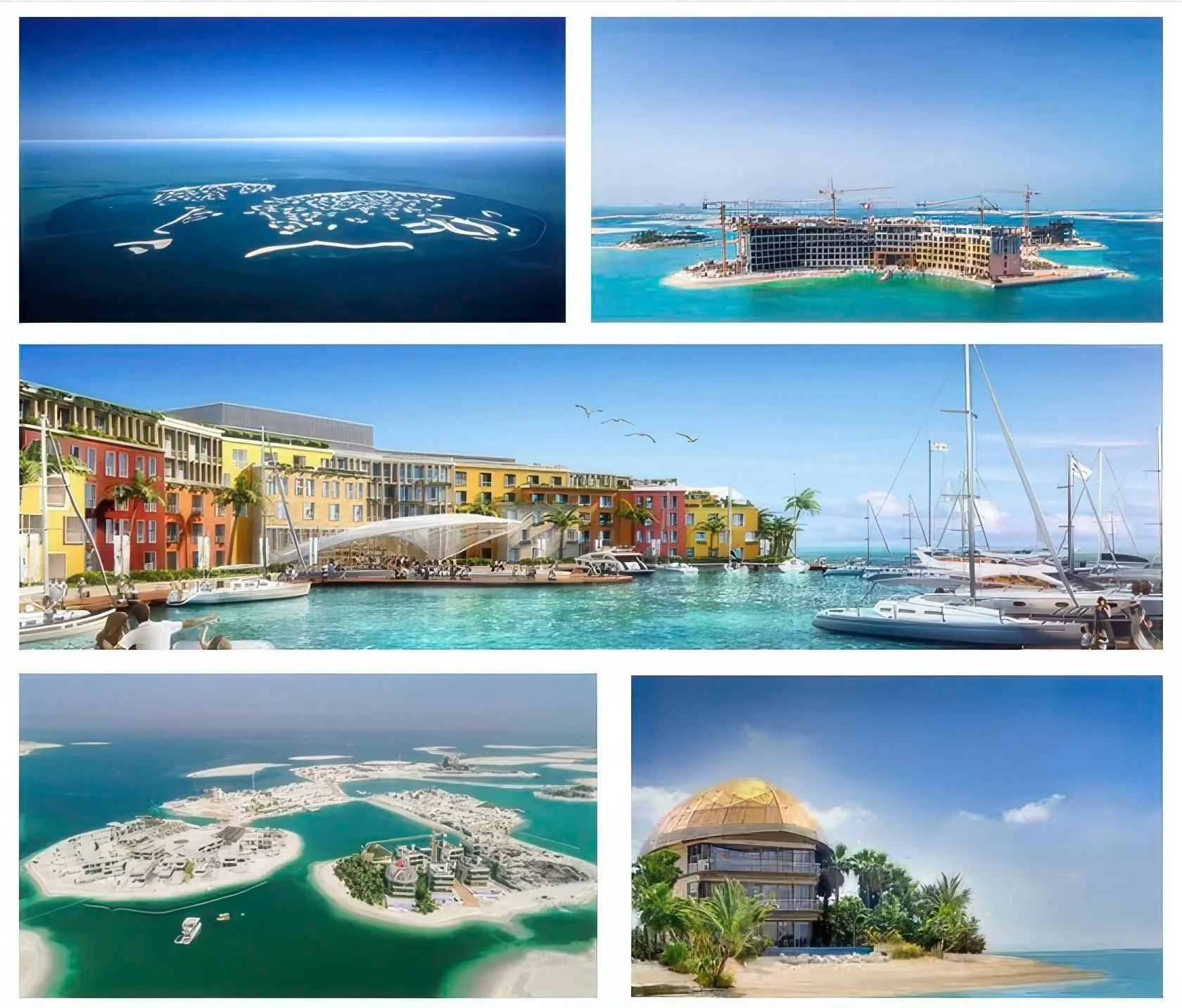 A collage of five images showing tropical island and coastal scenes, including aerial views of islands, construction of a resort, a colorful marina with boats, a small island with a resort, and a building with a domed roof surrounded by greenery.