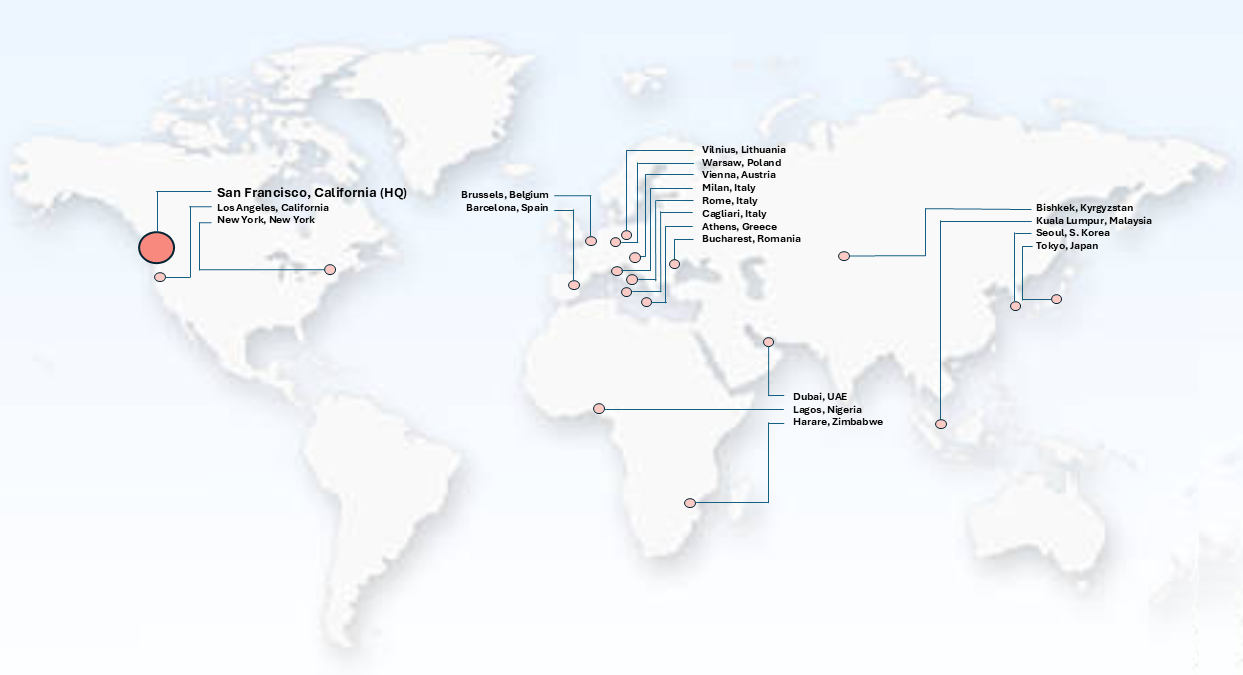 World map showing various cities around the world, with labels and connecting lines. Notable cities include San Francisco, Los Angeles, New York, Brussels, Barcelona, Milan, Rome, Athens, Bucharest, Bishkek, Kuala Lumpur, Seoul, Tokyo, Dubai, Lagos, Harare, and others.