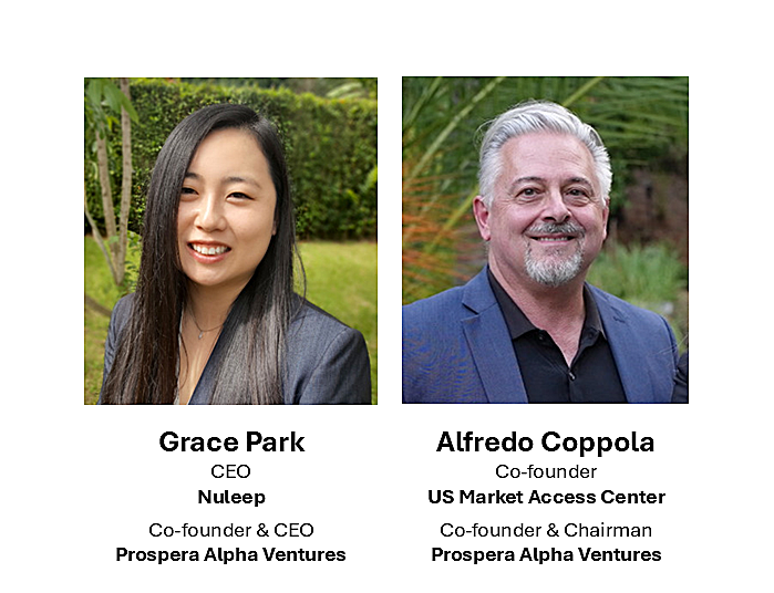 On the left, Grace Park, CEO of Nuleep, co-founder and CEO of Prospera Alpha Ventures. On the right, Alfredo Coppola, co-founder of US Market Access Center, co-founder and chairman of Prospera Alpha Ventures.
