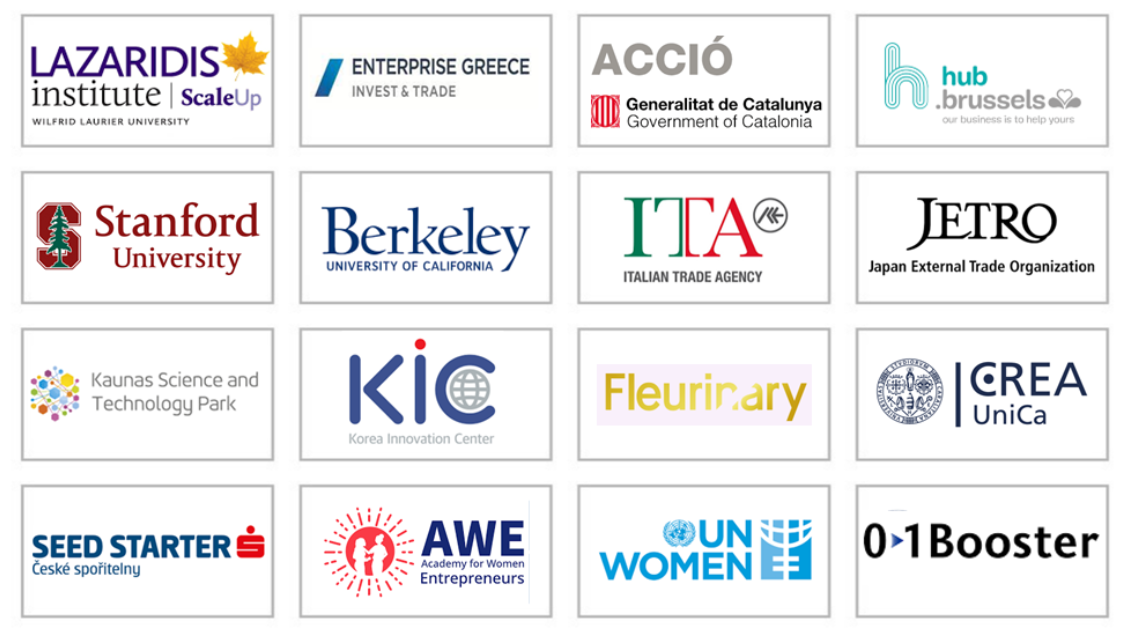 Grid of logos from various educational, governmental, and organizational entities including Lazardis Institute, Enterprise Greece, Generalitat de Catalunya, hub.brussels, Stanford University, Berkeley, Italian Trade Agency, Japan External Trade Organization, Kaunas Science and Technology Park, Korea Innovation Center, Fleurirary, CREA UniCa, SEED STARTER, AWE, UN WOMEN, and 0-1 Booster.