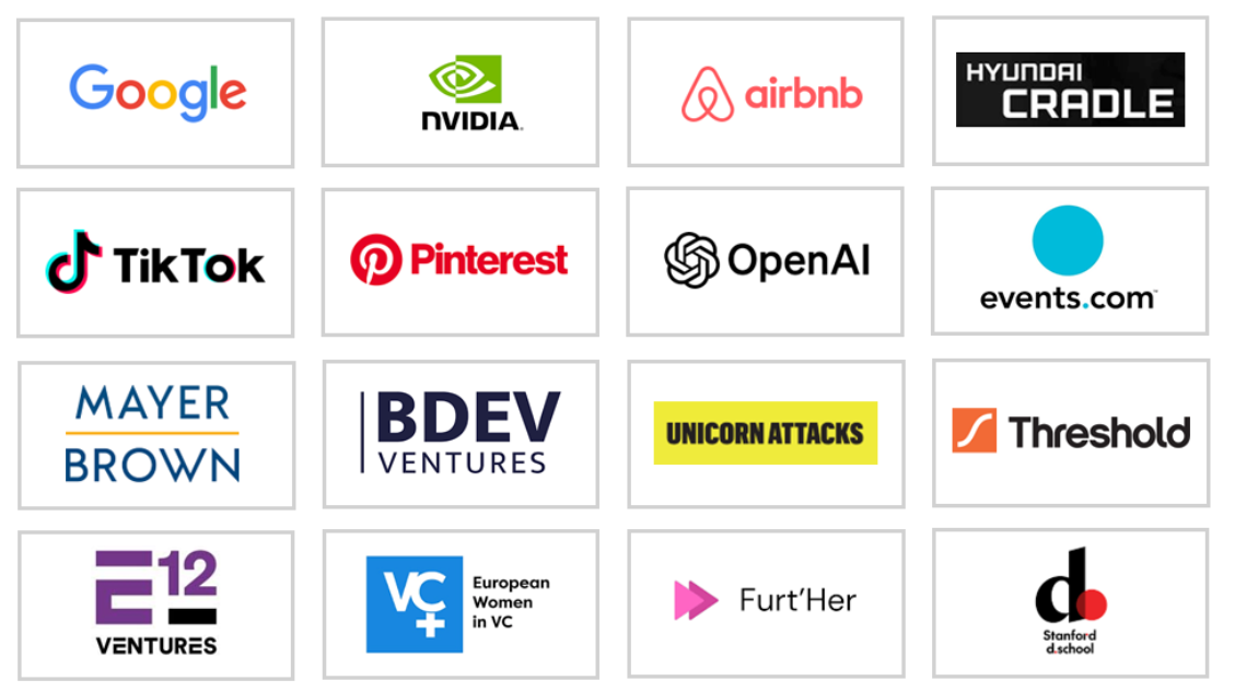 An array of logos of various companies and organizations including Google, Nvidia, Airbnb, Hyundai Cradle, TikTok, Pinterest, OpenAI, events.com, Mayer Brown, BDEV Ventures, Unicorn Attacks, Threshold, E12 Ventures, European Women in VC, FurtHer, and Stanford d.school.