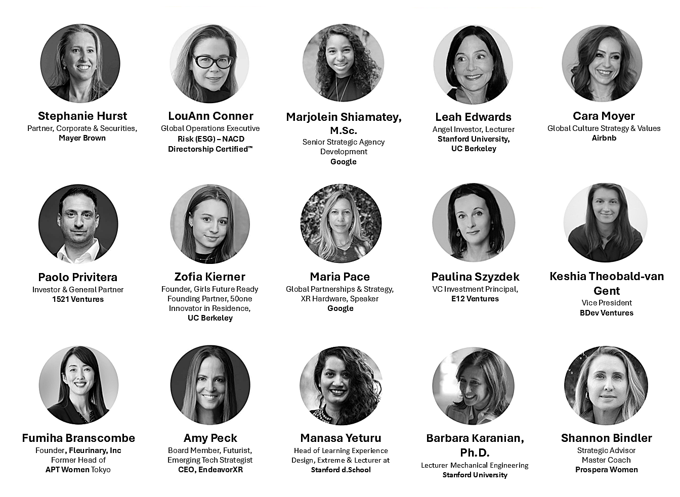 A group of 15 black-and-white headshots of women and men, each with their name, titles, and affiliations listed below. The group appears to be part of a professional or academic conference or panel.