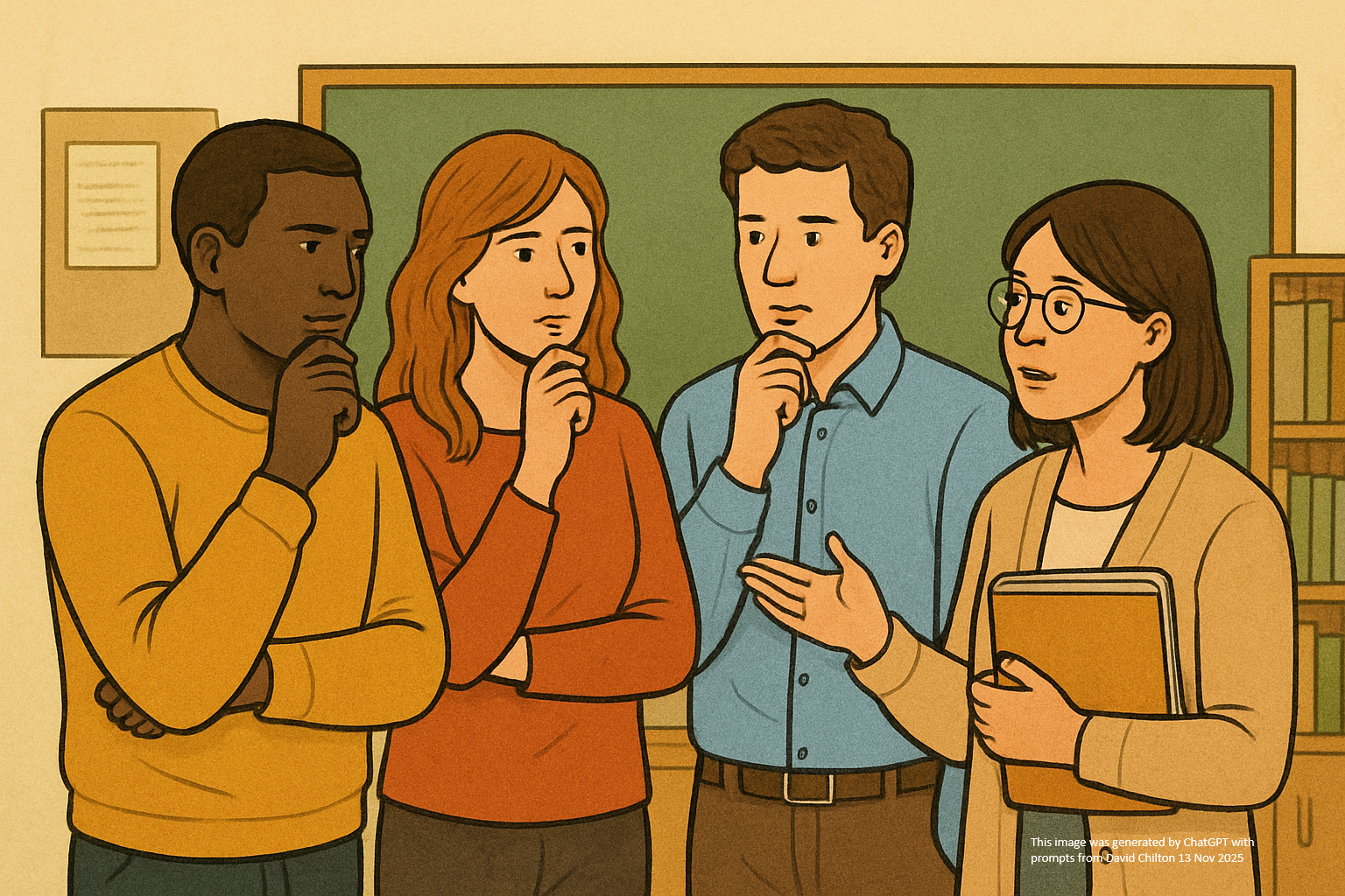 An AI generated image of four teachers thinking together to enhance student outcomes.
