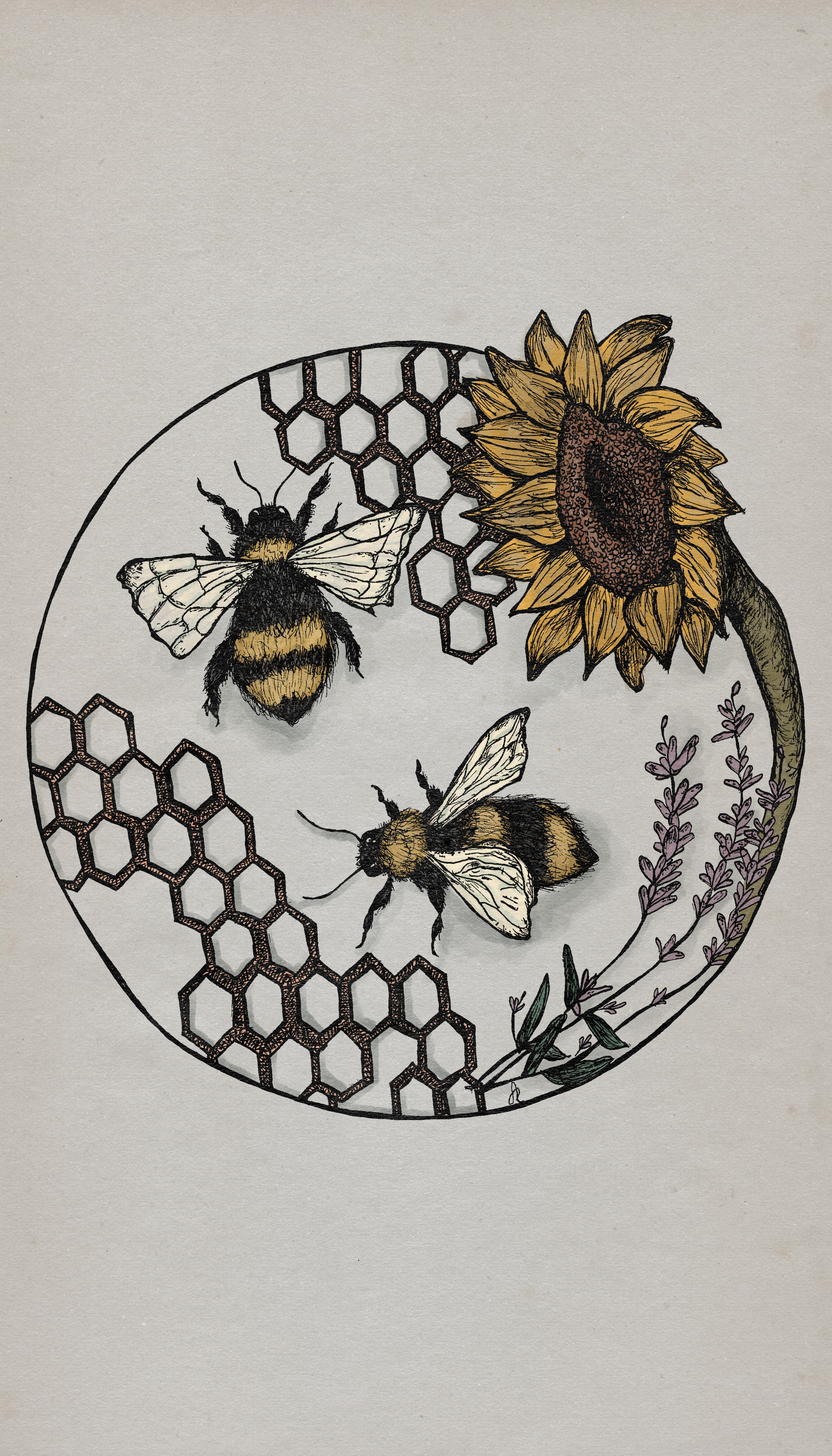 Illustration of three bees, a sunflower, and lavender within a circular border featuring a honeycomb pattern.
