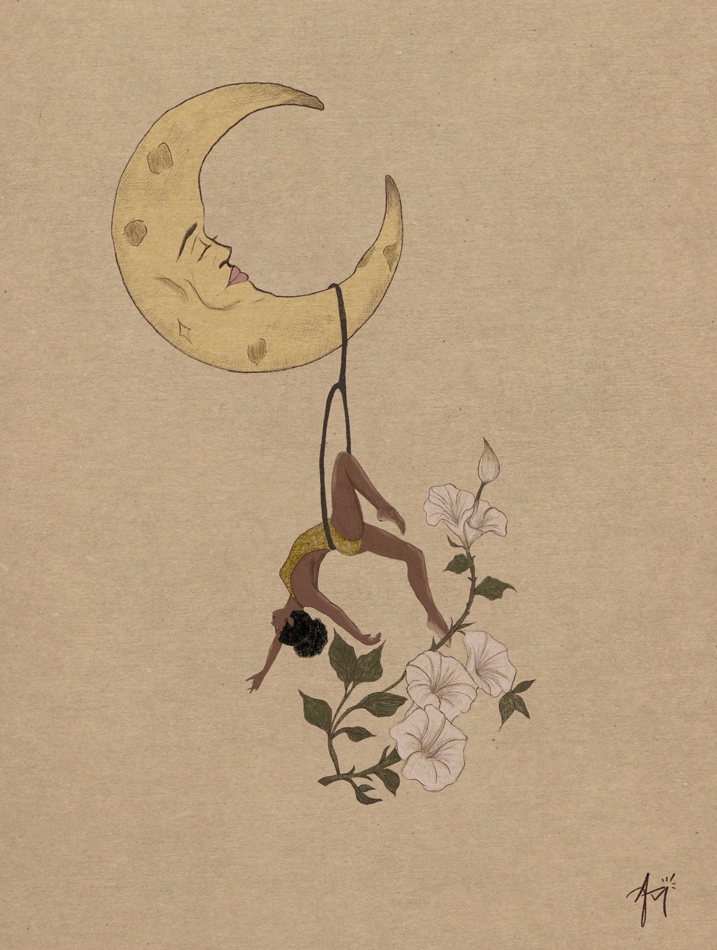 A surreal illustration of a person with a moon face hanging upside down from a flower vine, against a beige background.