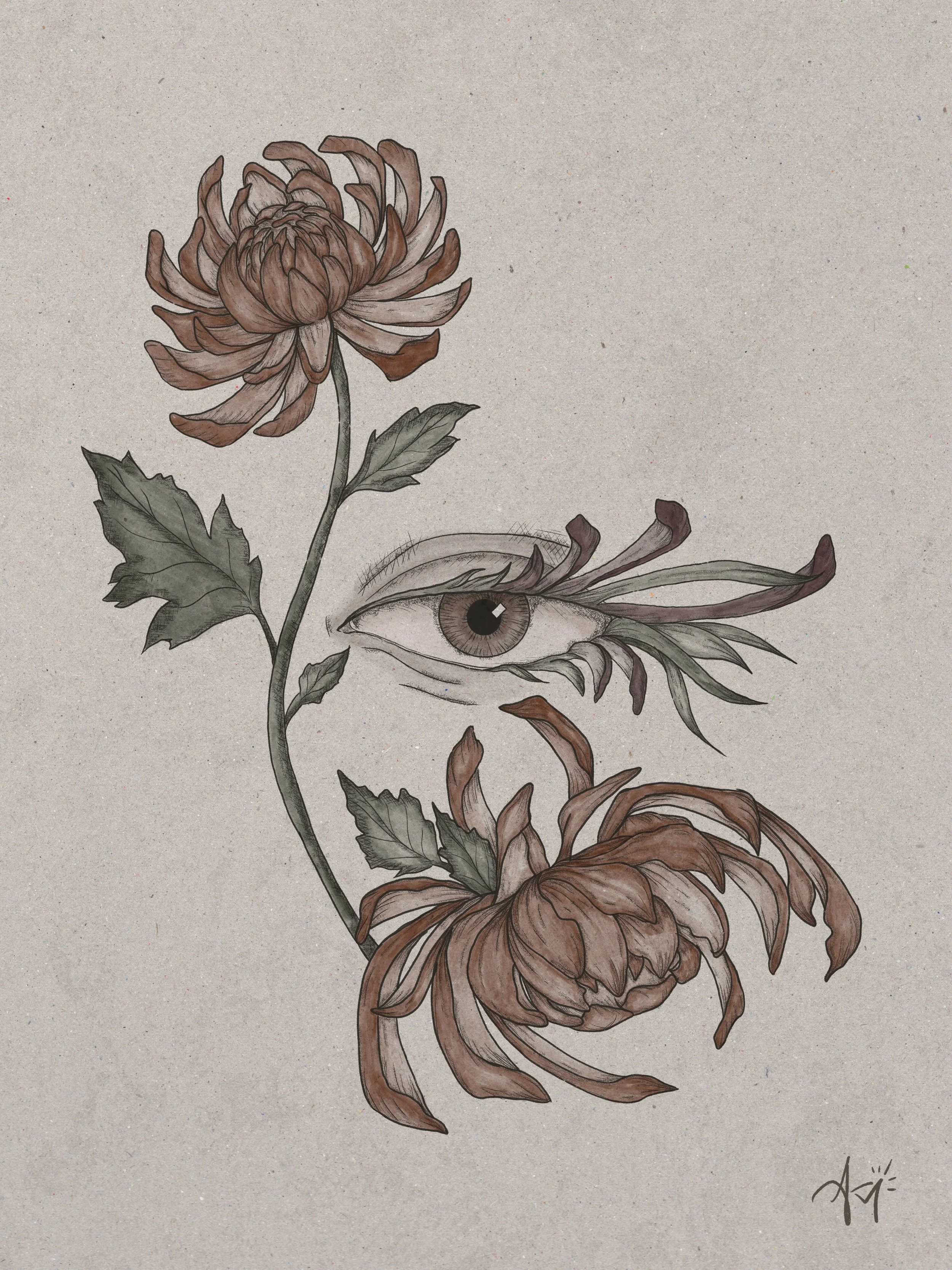 A drawing of two large flowers with one eye between them and leaves intertwined, all in muted tones.