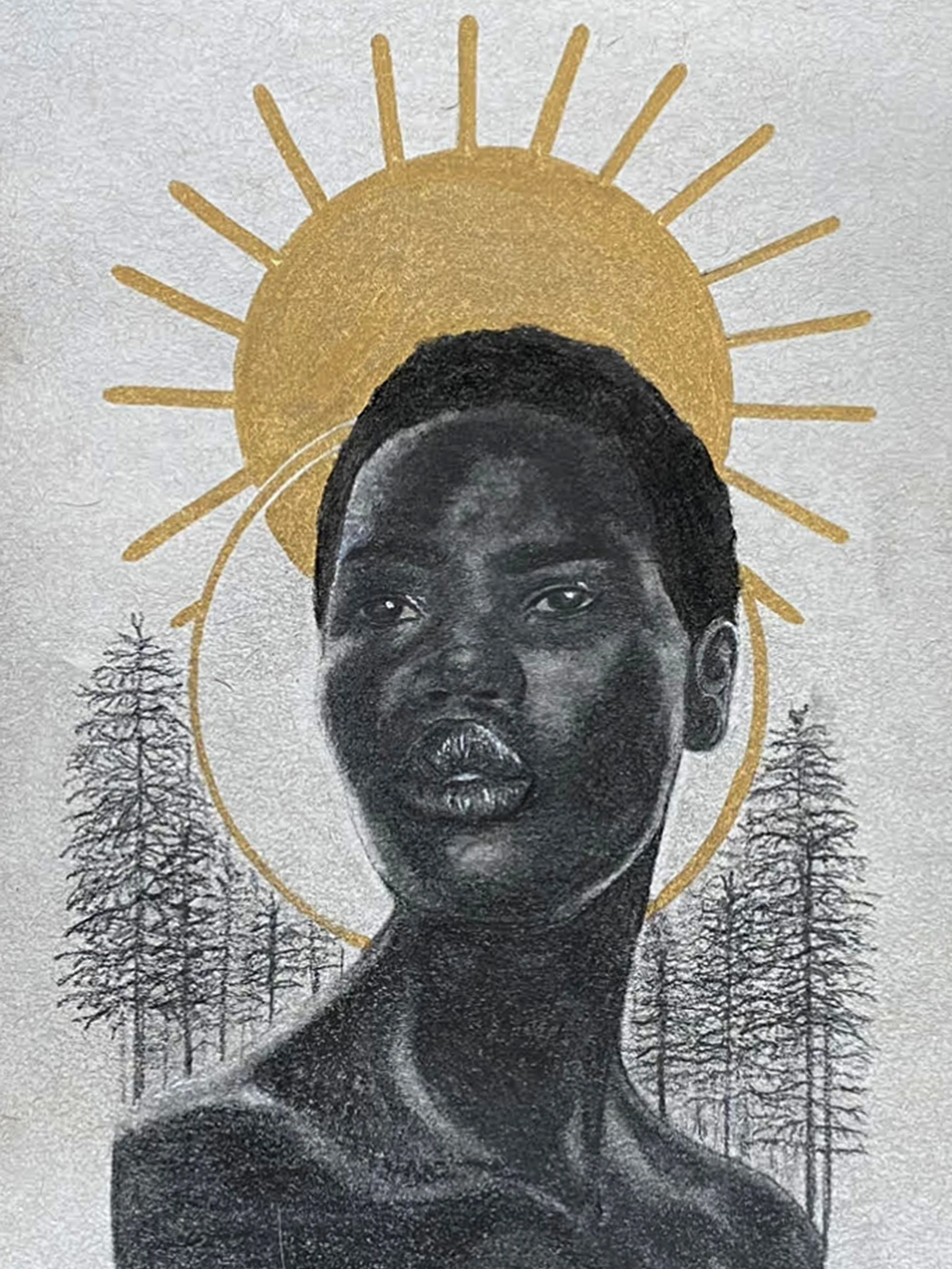 A black and white portrait of a woman with a large gold sun and circle behind her head, and silhouettes of trees in the background.