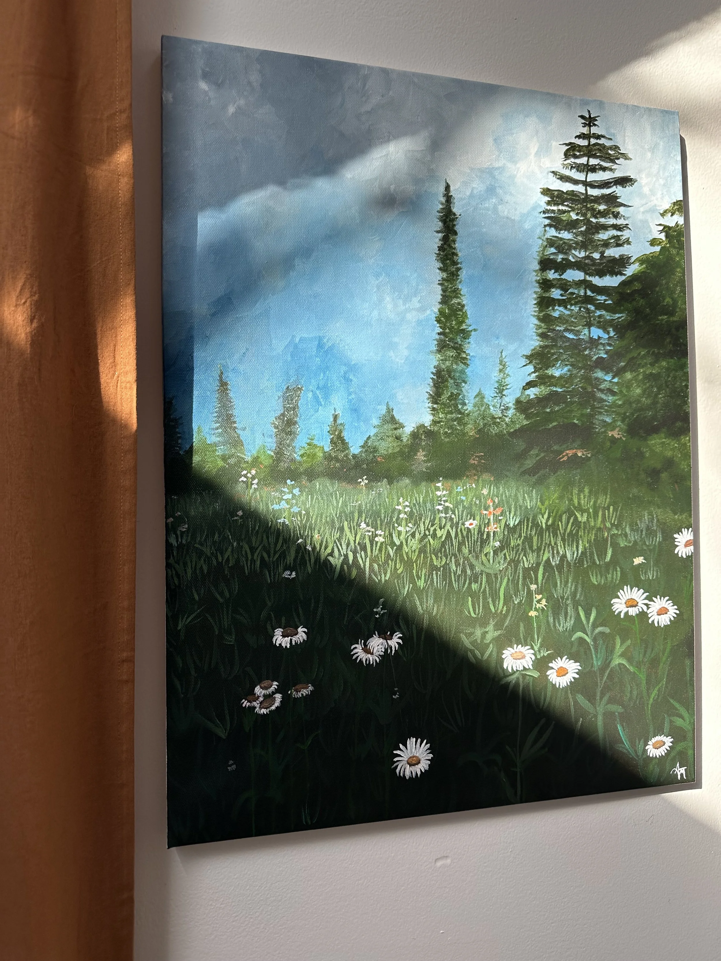 Painting of a lush green meadow with white daisies, tall pine trees, and a cloudy sky, partly shadowed.