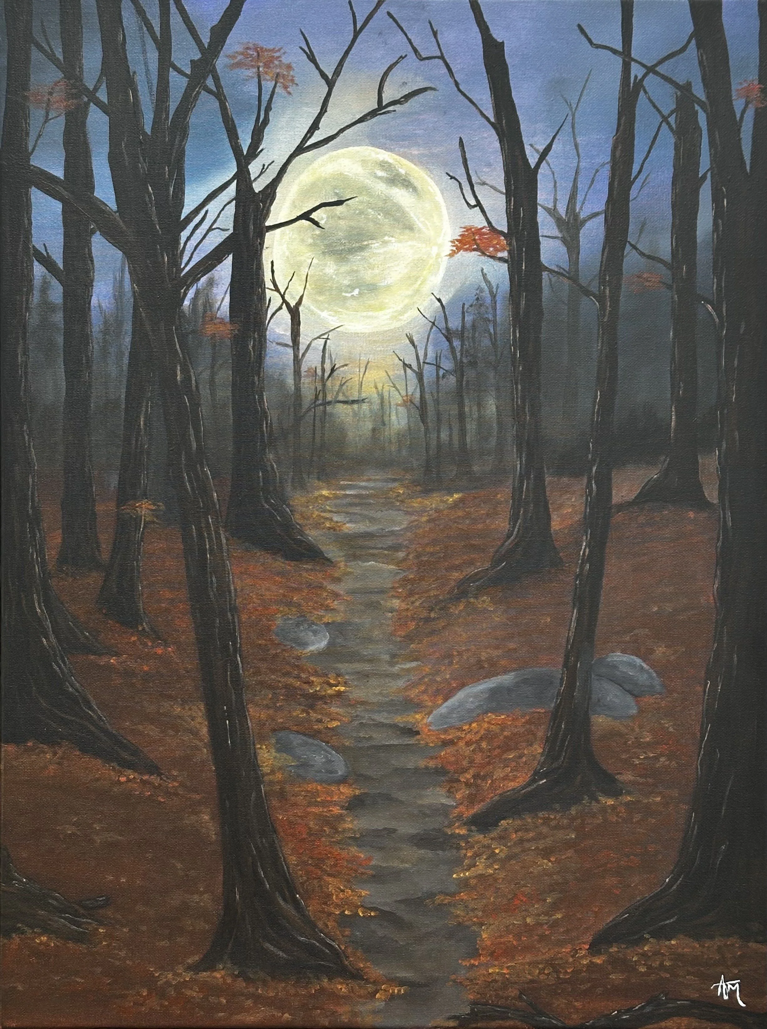 A painting of a forest at night with a large, bright full moon in the sky. The trees are mostly leafless with some orange leaves. A narrow stream runs through the forest, reflecting the moonlight, and there are some rocks along the stream.