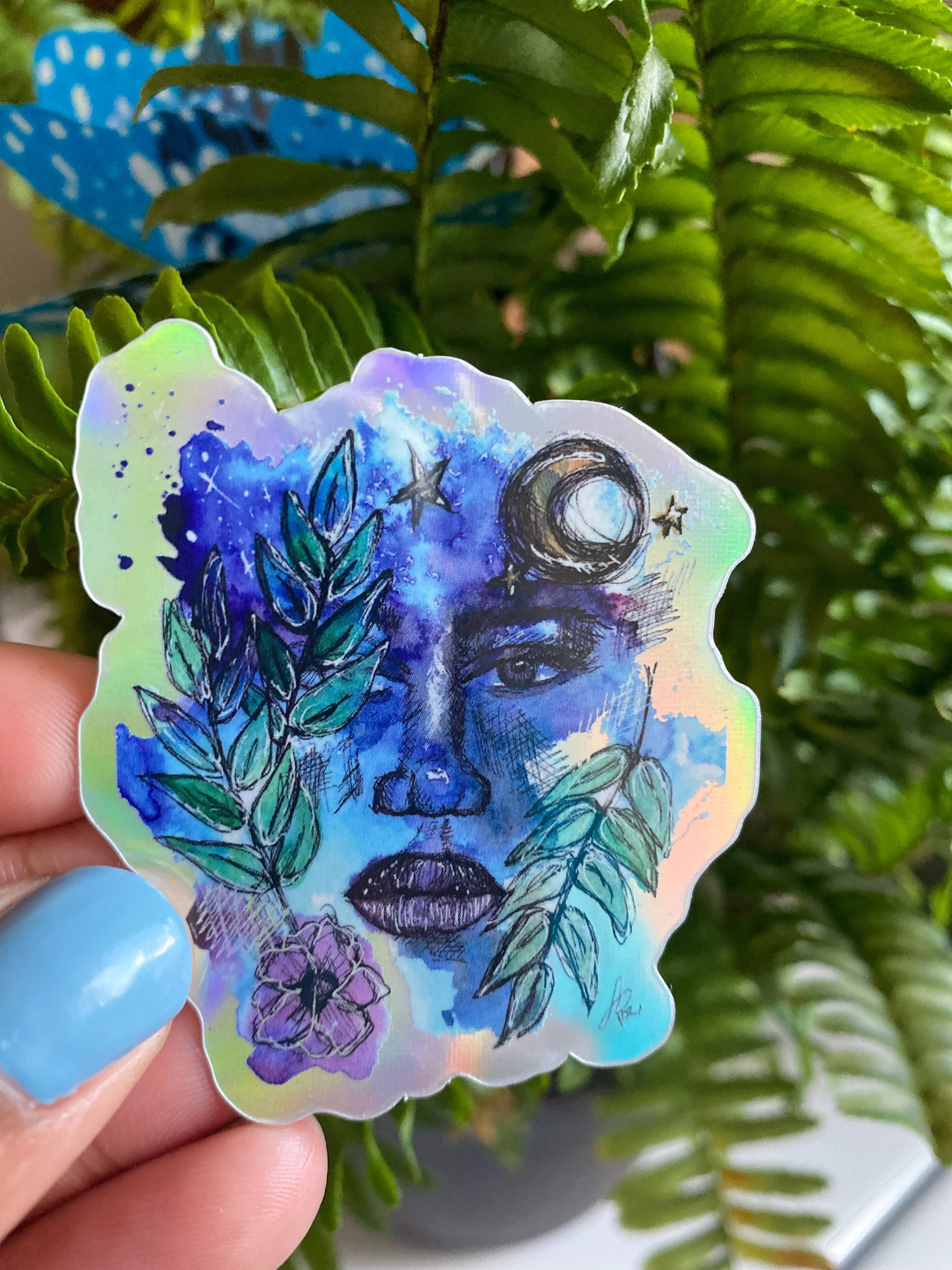 Holographic Blue Crescent Goddess