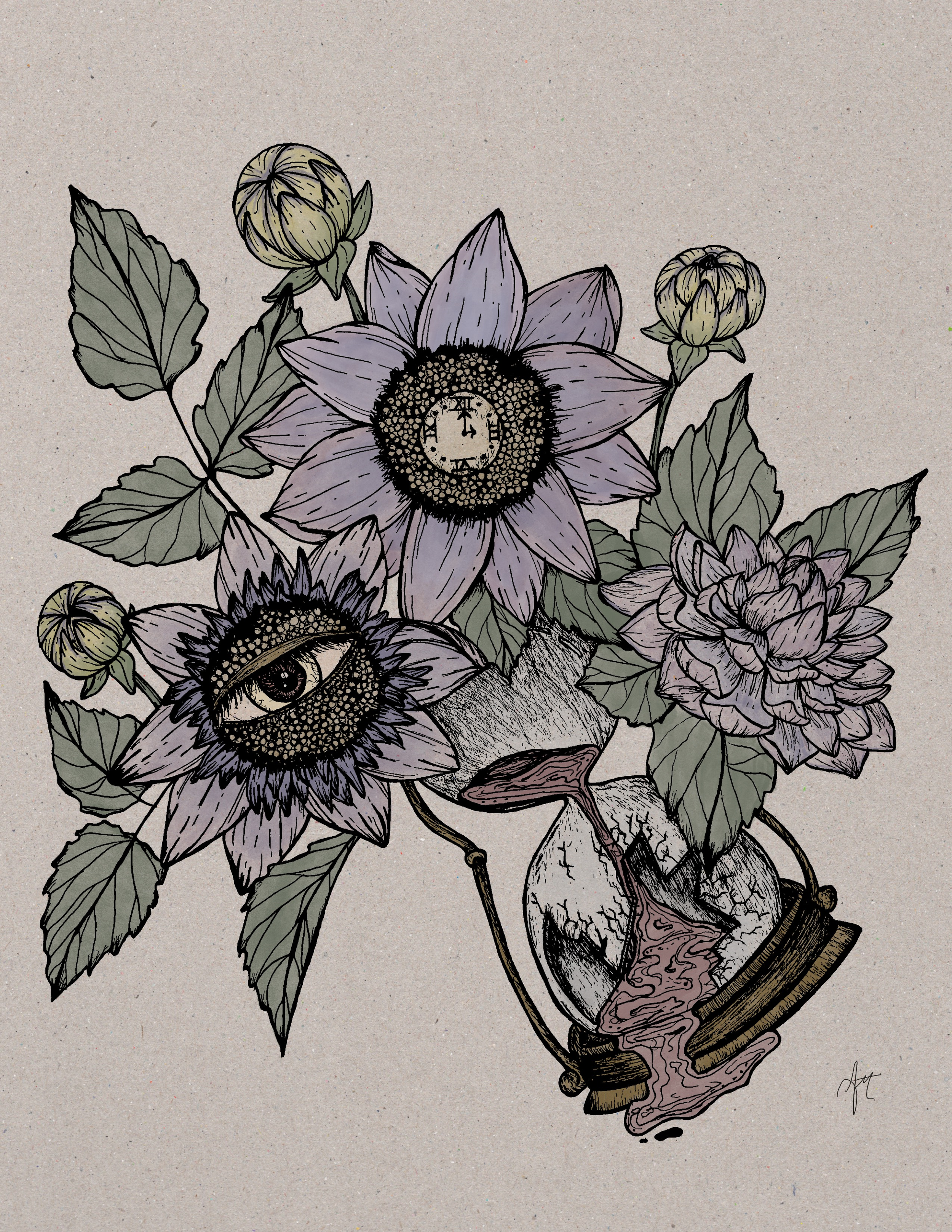 A surreal illustration of flowers, including sunflowers, with an eye and a clock embedded within the petals, and a melting hourglass at the base.