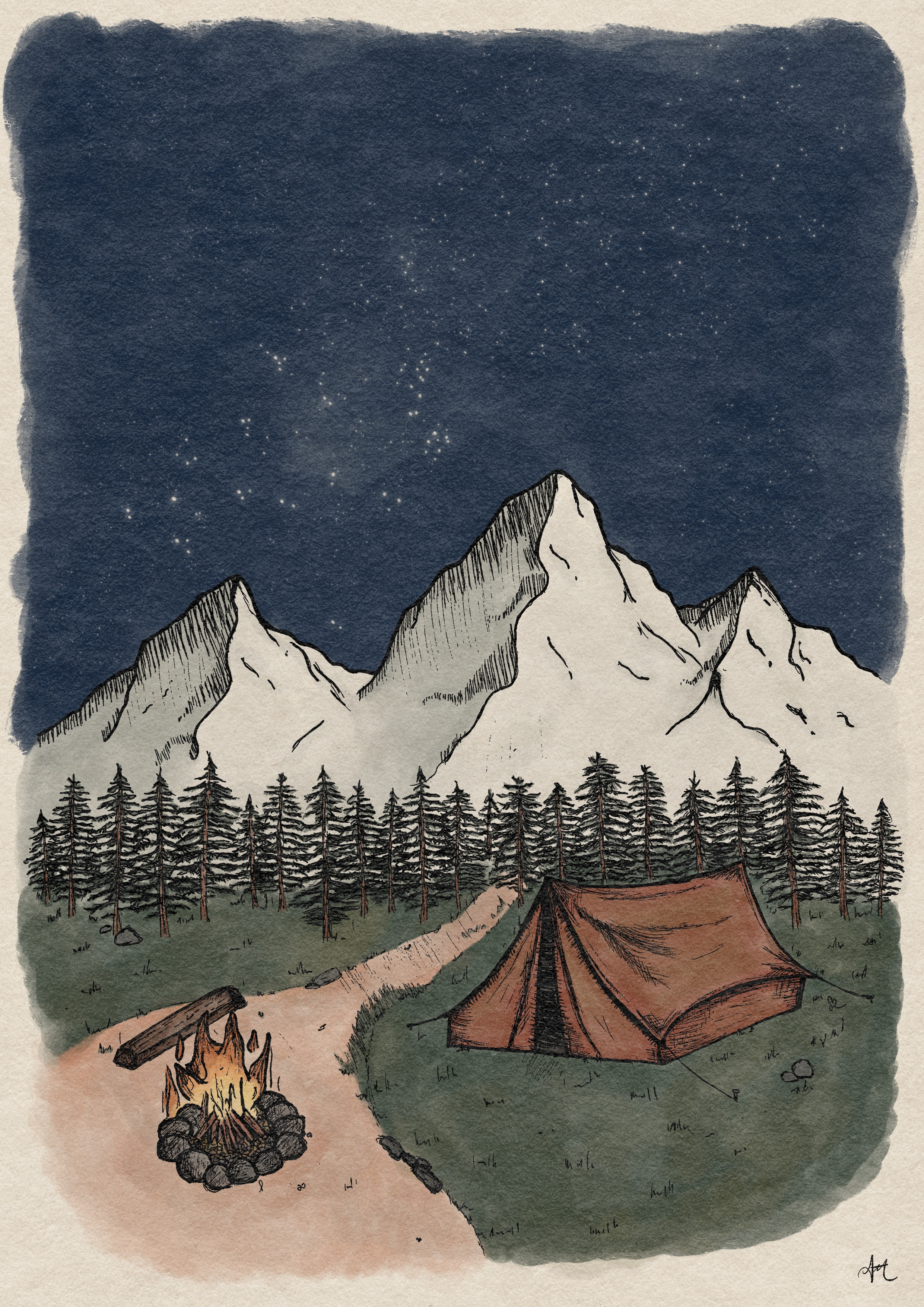 A scenic mountain camping scene at night with snow-capped peaks, a forest of pine trees, a tent, and a campfire on a dirt path under a starry sky.