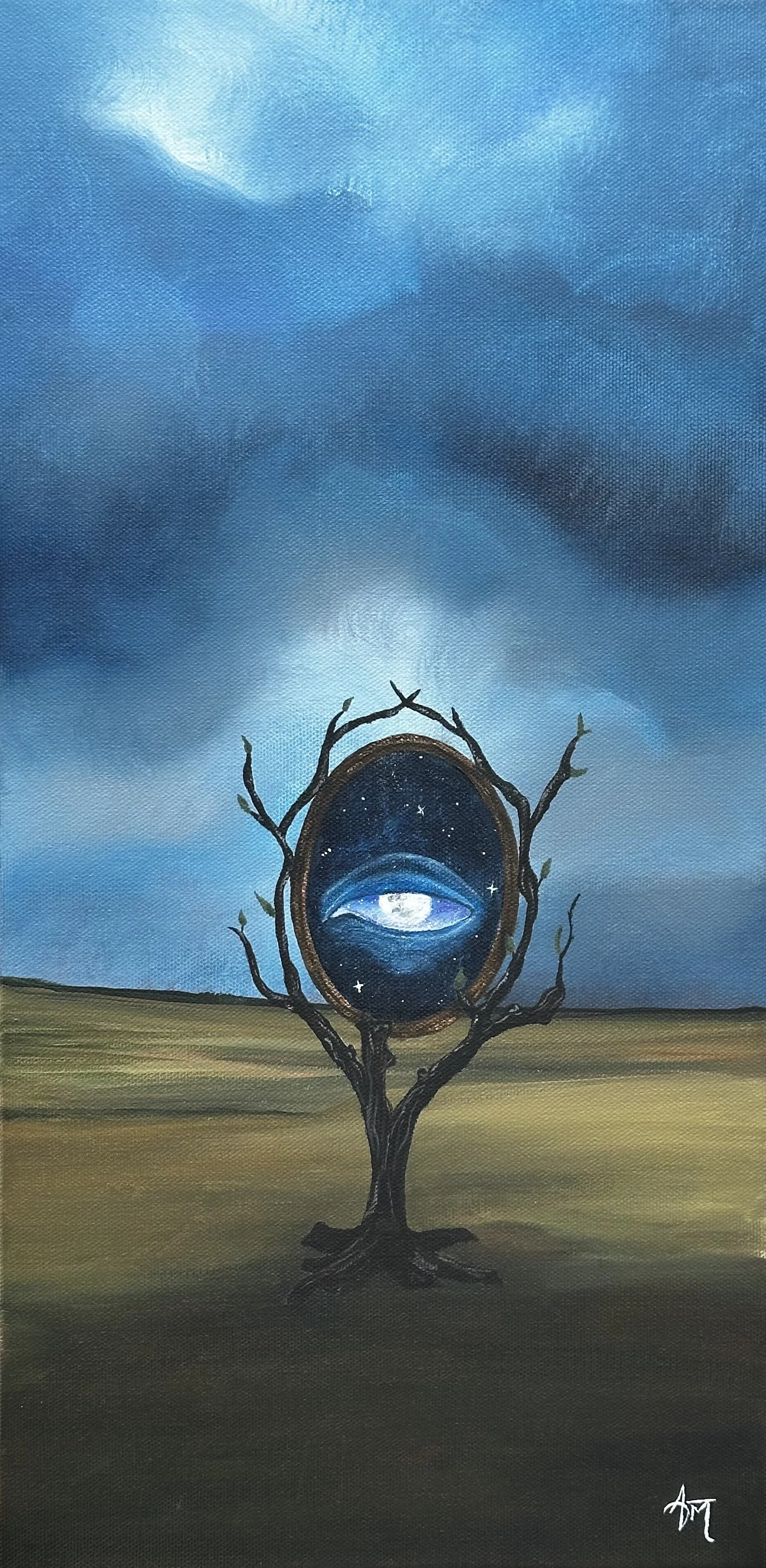 A surreal painting of a barren, twisted tree with an eye-shaped object in the center, containing a cosmic scene with stars, a planet, and a nebula, set against a cloudy blue sky and a grassy plain.