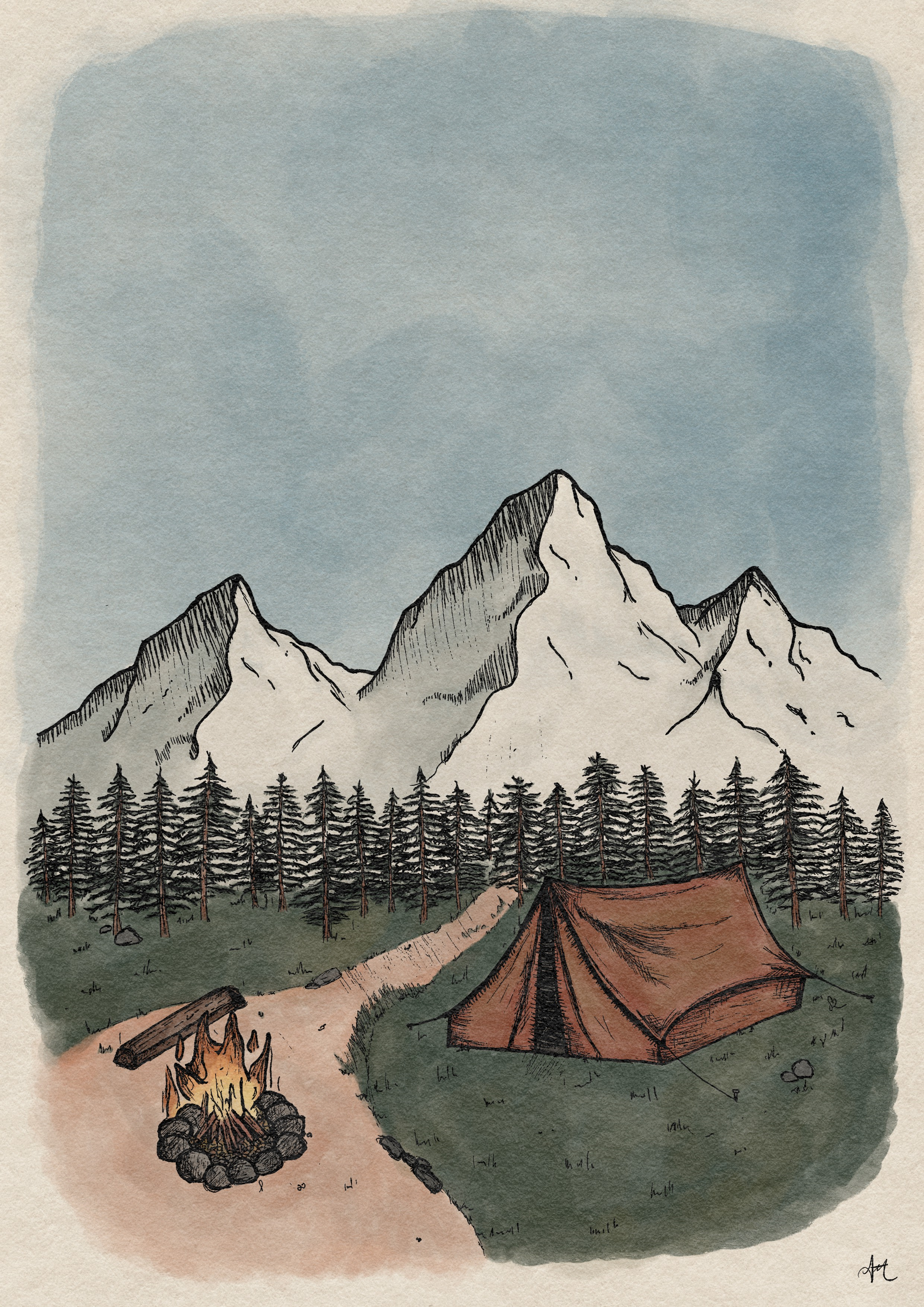 A mountain landscape with snow-capped peaks, a forest of pine trees, a tent on the grass, and a campfire along a dirt path under a cloudy sky.