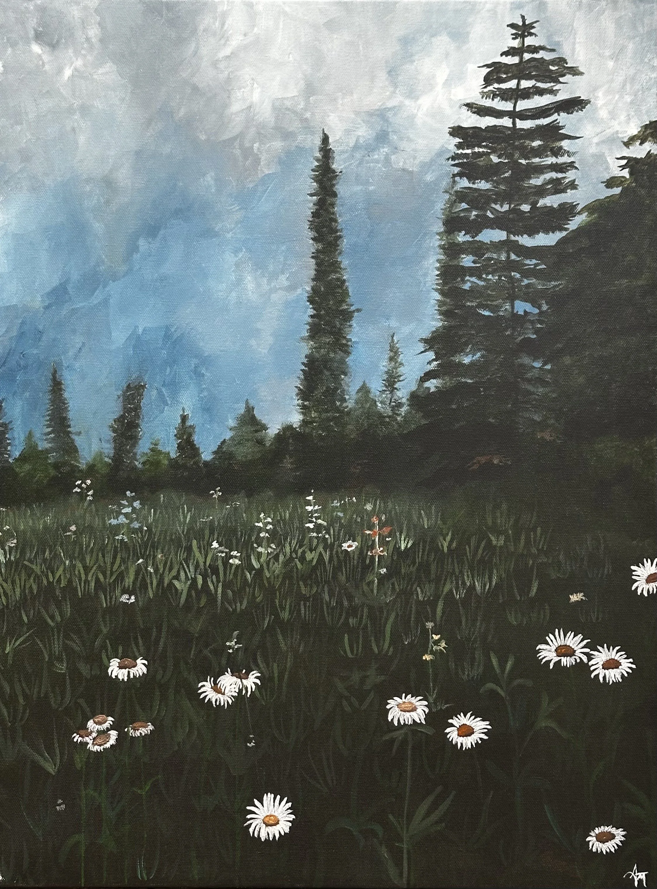 Painting of a mountain landscape with tall pine trees and wildflowers in the foreground.